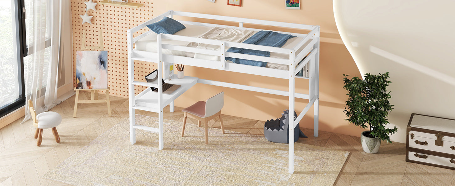 Twin Loft Bed With Built In Desk And Bookcase Of Three Compartments, Guardrails And Ladder,White Twin White Pine