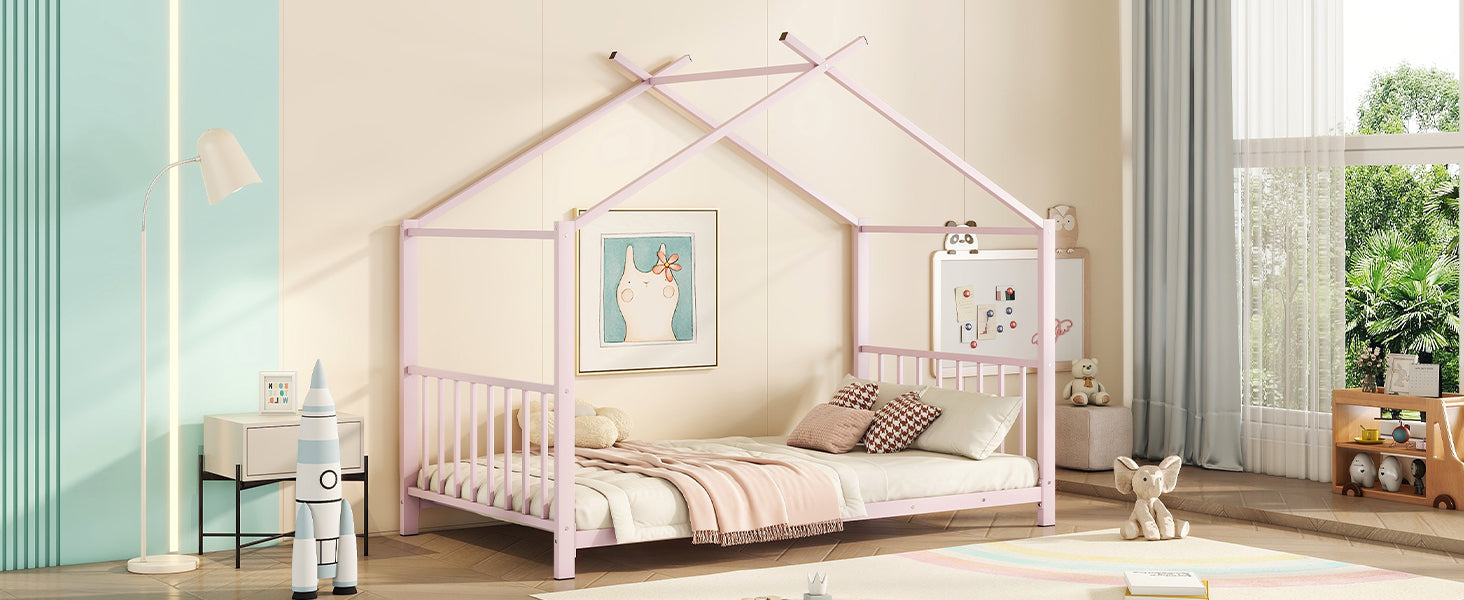 Twin Size Metal House Platform Bed, Pink Box Spring Not Required Twin Pink Metal Bedroom Bed Frame Metal