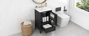 20" Bathroom Vanity With Sink, Bathroom Cabinet With Two Doors, Door Shelf Storage And Adiustable Foot Pads, A Drawer, Black Black Solid Wood Mdf