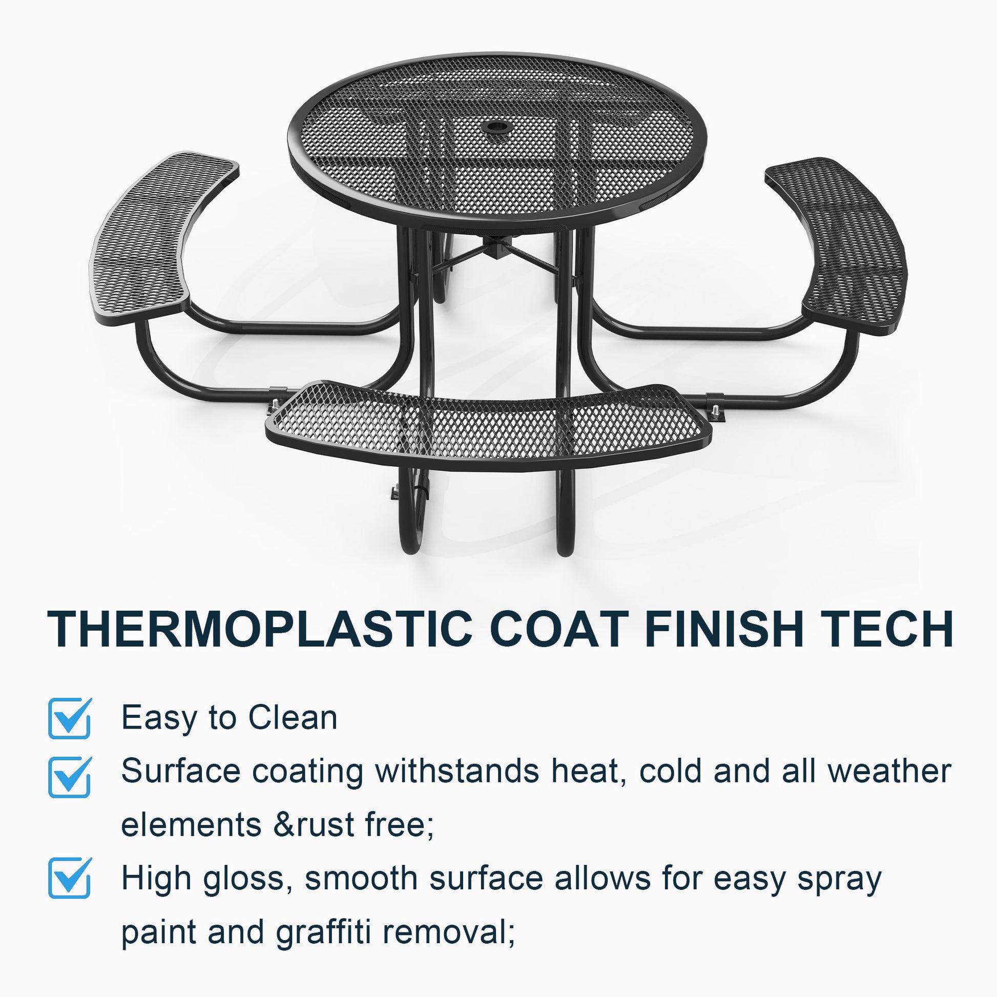 Round Outdoor Steel Picnic Table 46" Blue ,With Umbrella Pole,Black Black Steel Steel