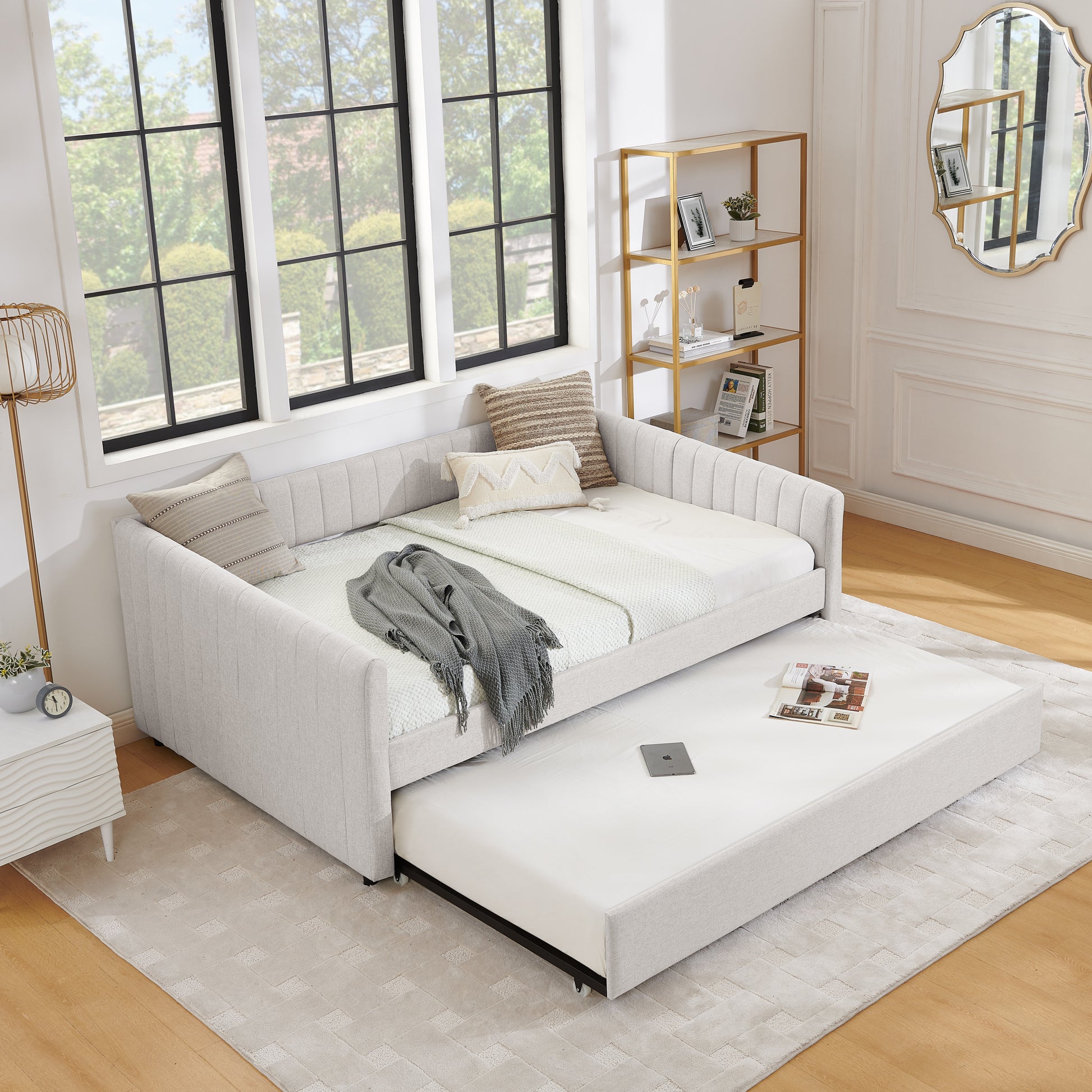 Full Size Daybed With Trundle Upholstered Sofa Bed, With Vertical Stripes, Linen Fabric, Beige 82.5"X58"X30" Beige Linen