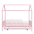 Full Size Metal House Bed With Fence, With Trundle, Pink Full Pink Metal