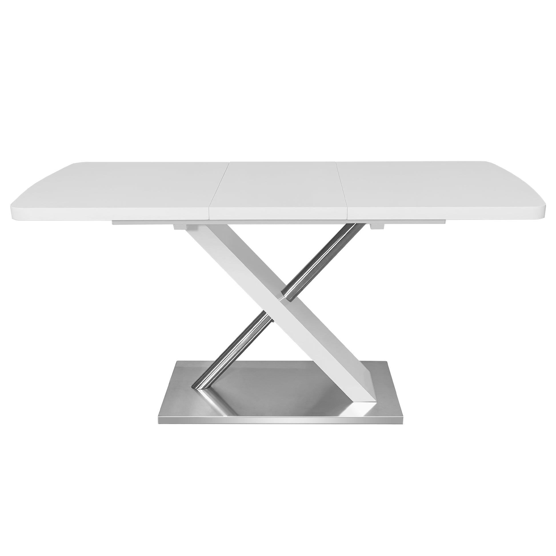 47.25'' 63'' Modern White Glossy Dining Table For 4 6 People, Extendable Dining Table With Crossed Metal Base And Stainless Steel Tubes, Large Dining Table White White Mdf Steel