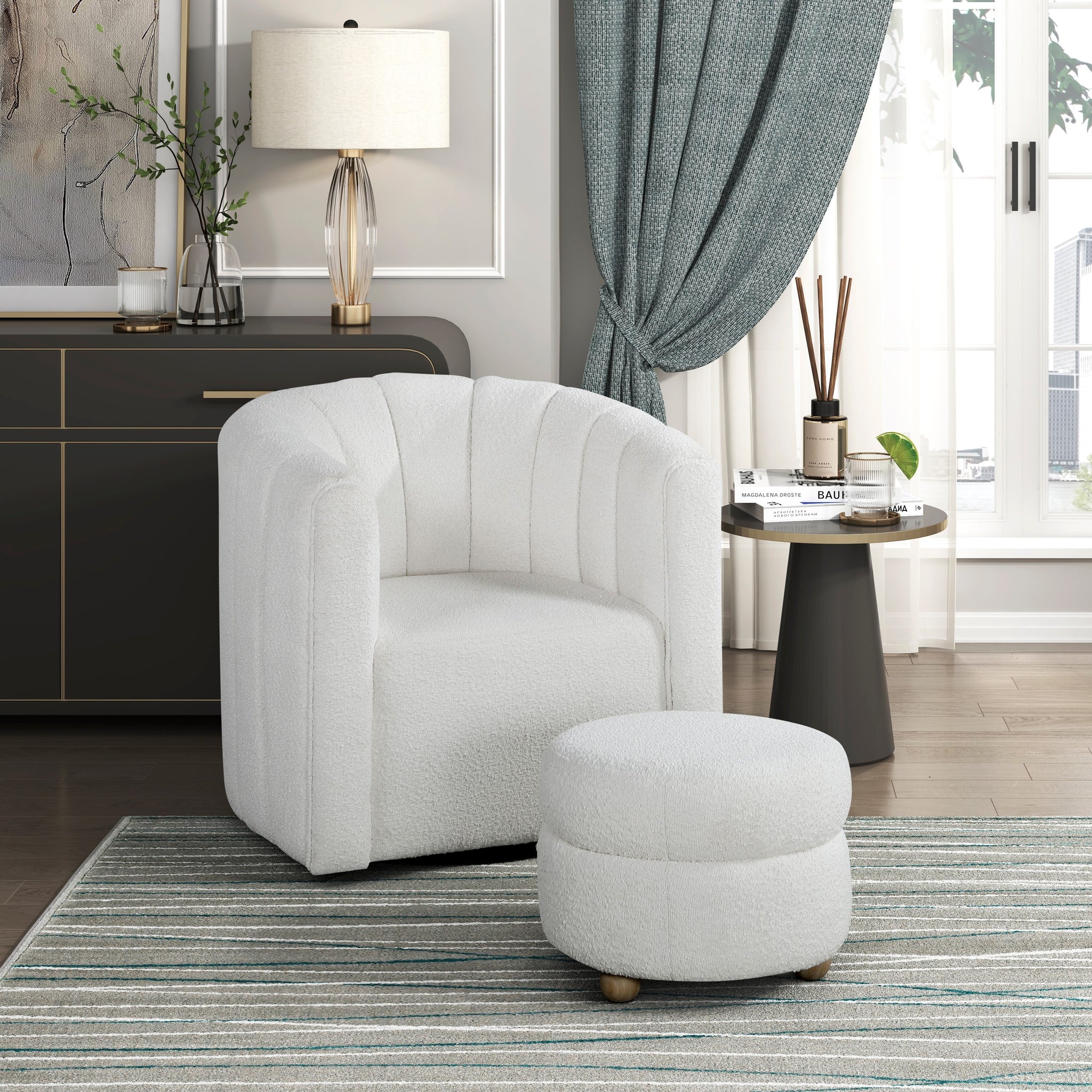 Modern Contemporary Swivel Chair With Ottoman White Boucle Fabric Upholstery Solid Wood Living Room Furniture White Primary Living Space Contemporary,Modern Plywood,Solid Wood