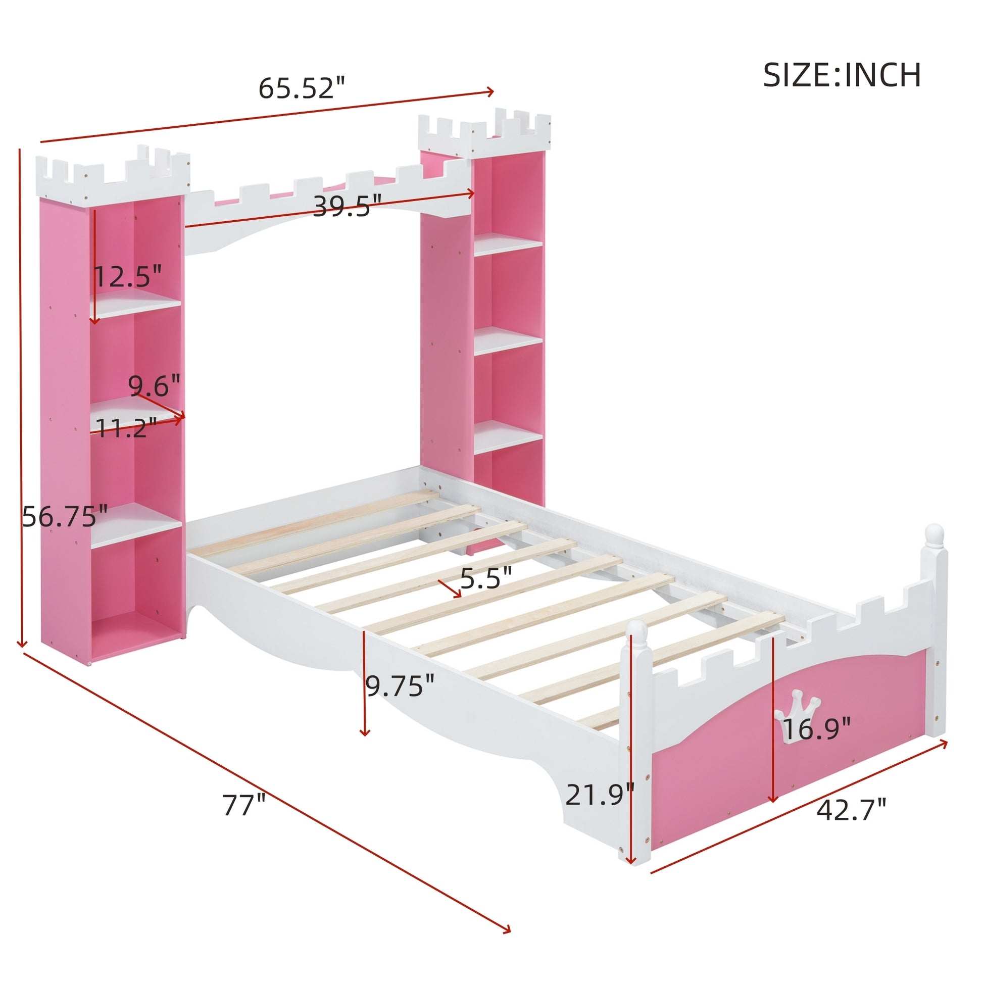 Castle Shaped Wooden Bed With Storage Shelf, Dreamy Twin Size Platform Bed For Kids Bedroom, Pink White Expected Arrival Time:8.14 Twin Pink White Wood