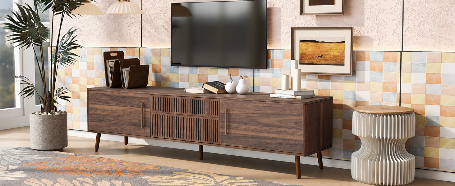 Mid Century Tv Stand With 2 Drawers, Media Console Table For Tvs Up To 80'', Entertainment Center With Storage For Living Room, Bedroom, Home Theatre Walnut Primary Living Space 70 79 Inches 70 79
