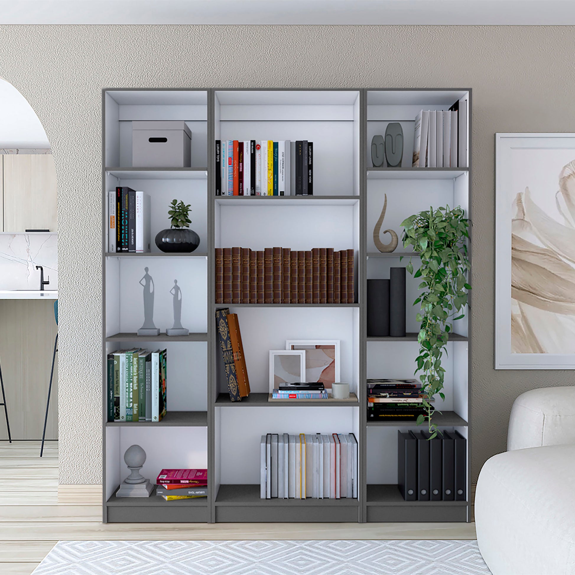 Davie 3 Piece Home Bookcase Set, 60" Wide With 14 Shelvesliving Room Set Set Matt Gray White Freestanding 5 Or More Shelves Multicolor Modern Particle Board