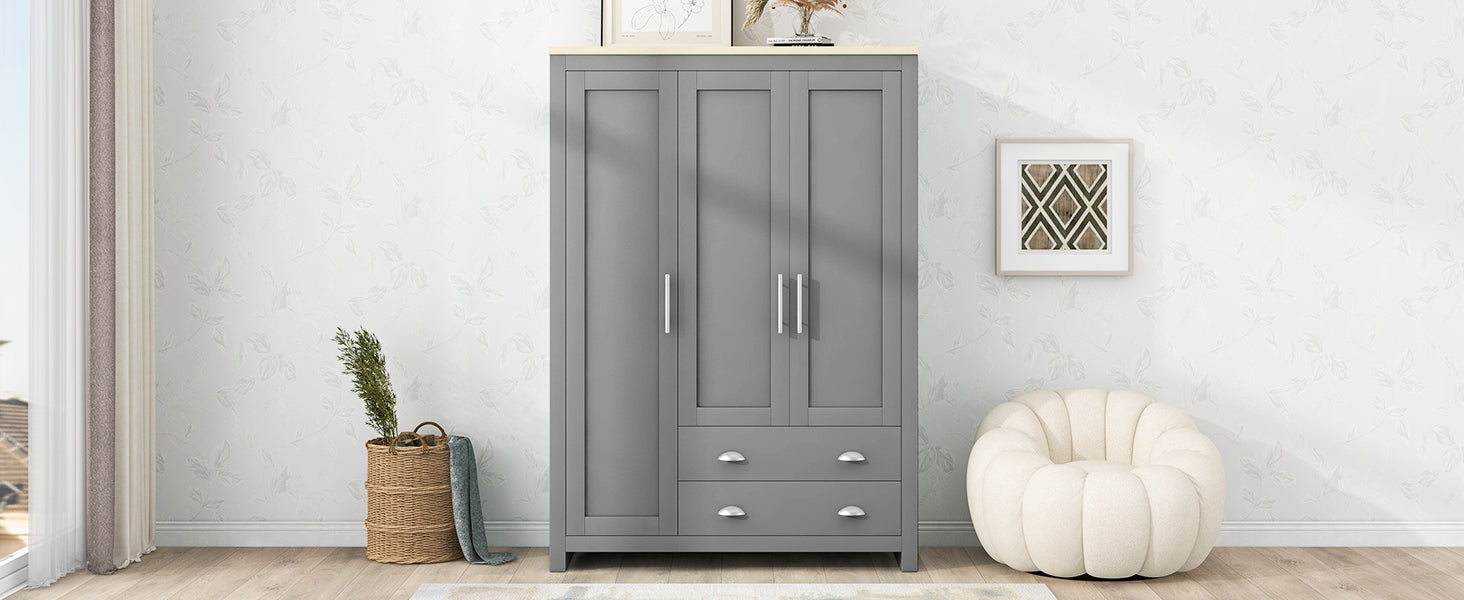 Three Door Storage Wardrobe With Cabinets And Two Hanging Rods,Gray Gray Mdf