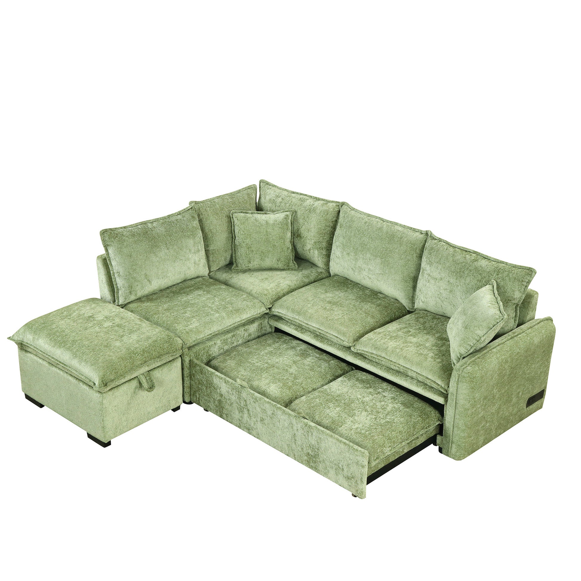 82.67"Convertible Sofa Bed Sectional Sofa Sleeper L Shaped Sofa With A Storage Ottoman,Two Pillows, Two Power Sockets And Two Usb Ports For Living Room, Green Green Foam Chenille 4 Seat