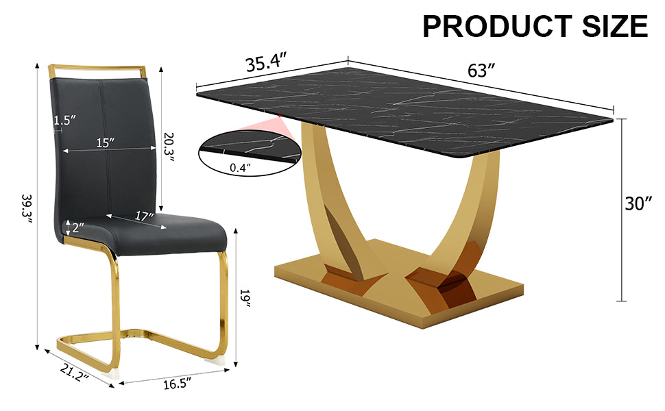 Table And Chair Set.Modern Rectangular Dining Table With Black Textured Stickers Glass Tabletop And Gold Plated Metal Legs.Paried With 6 Comfortable Chairs With Pu Seats And Golden Metal Legs. Black Gold Seats 6 Glass Metal