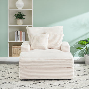 39 Inch Spring Upholstered Armchair And Ottoman Set Comfortable Single Sofa With Cup Holder And Corduroy Fabric, Perfect For Living Room Or Bedroom White Corduroy 1 Seat