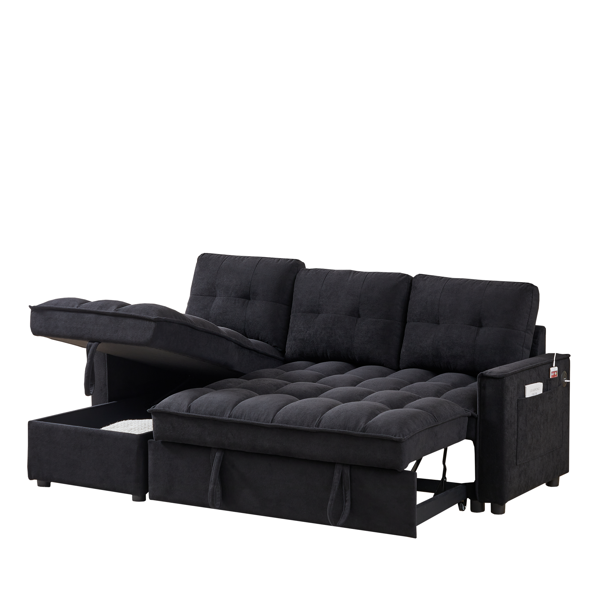 Mh 78.75" Reclining Sofa, Pull Out Sofa Bed With Usb And Tape C Charging Ports, L Shaped Sectional Sofa With Reclining Storage And Arm Side Organizer Pocket Features, Living Room Comfort Sofa Black