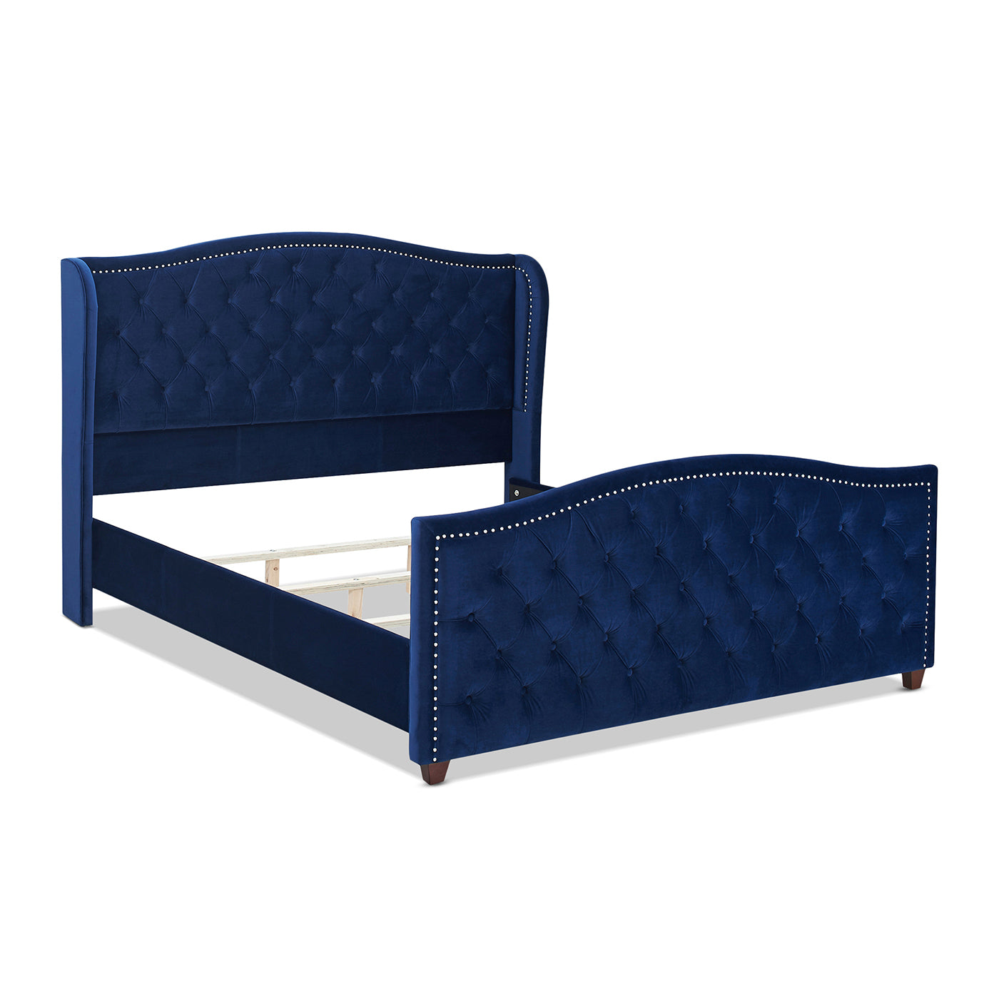 Marcella Upholstered Shelter Headboard Bed Set, King, Navy Blue Velvet Box Spring Required King Navy Blue Wood Foam Velvet Velvet