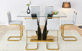 Table And Chair Set,Clear Tempered Glass And Black Legs Of The Table, Pu And Gold Legs Of The Chair Black Grey Seats 6 Tempered Glass