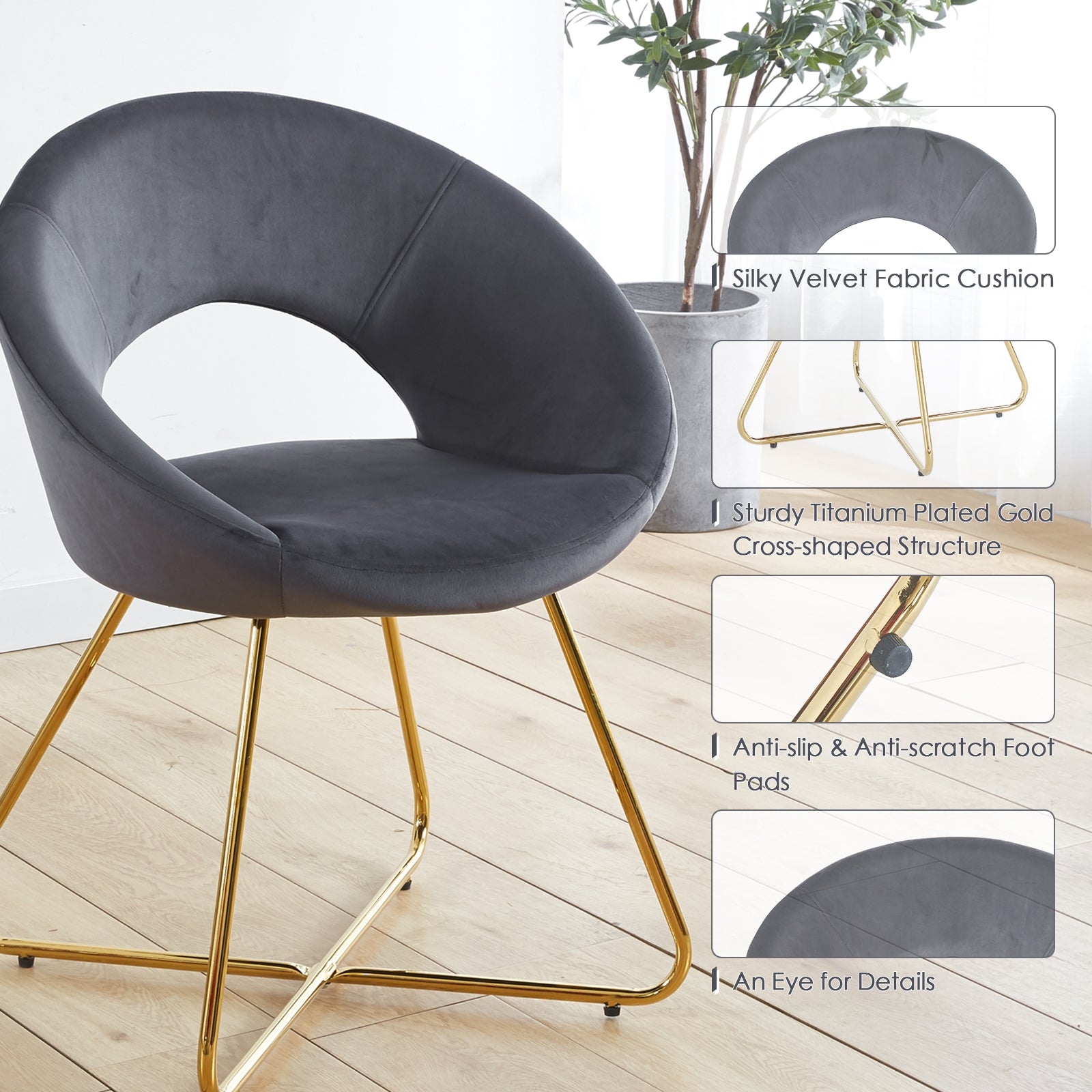 Modern Accent Velvet Chairs Set Of 2 Dining Chairs Single Sofa Comfy Upholstered Arm Chair Living Room Furniture Mid Century Leisure Lounge Chairs With Golden Metal Frame Legs Grey Velvet