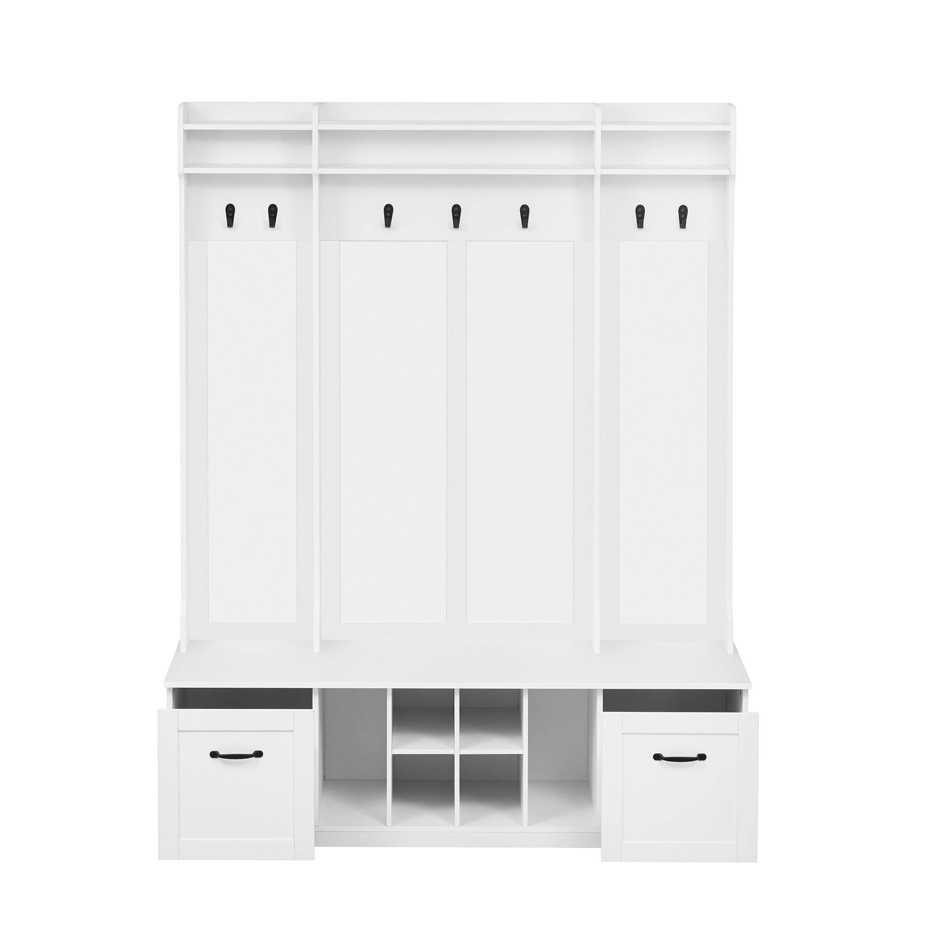5 In 1 Entryway Bench With Coat Rack, 7 Sturdy Hooks, 2 Spacious Drawers And Adjustable Shelves, 58.8'' Wide Hall Tree With Metal Handles For Hallway, Entryway, Living Room White Mdf