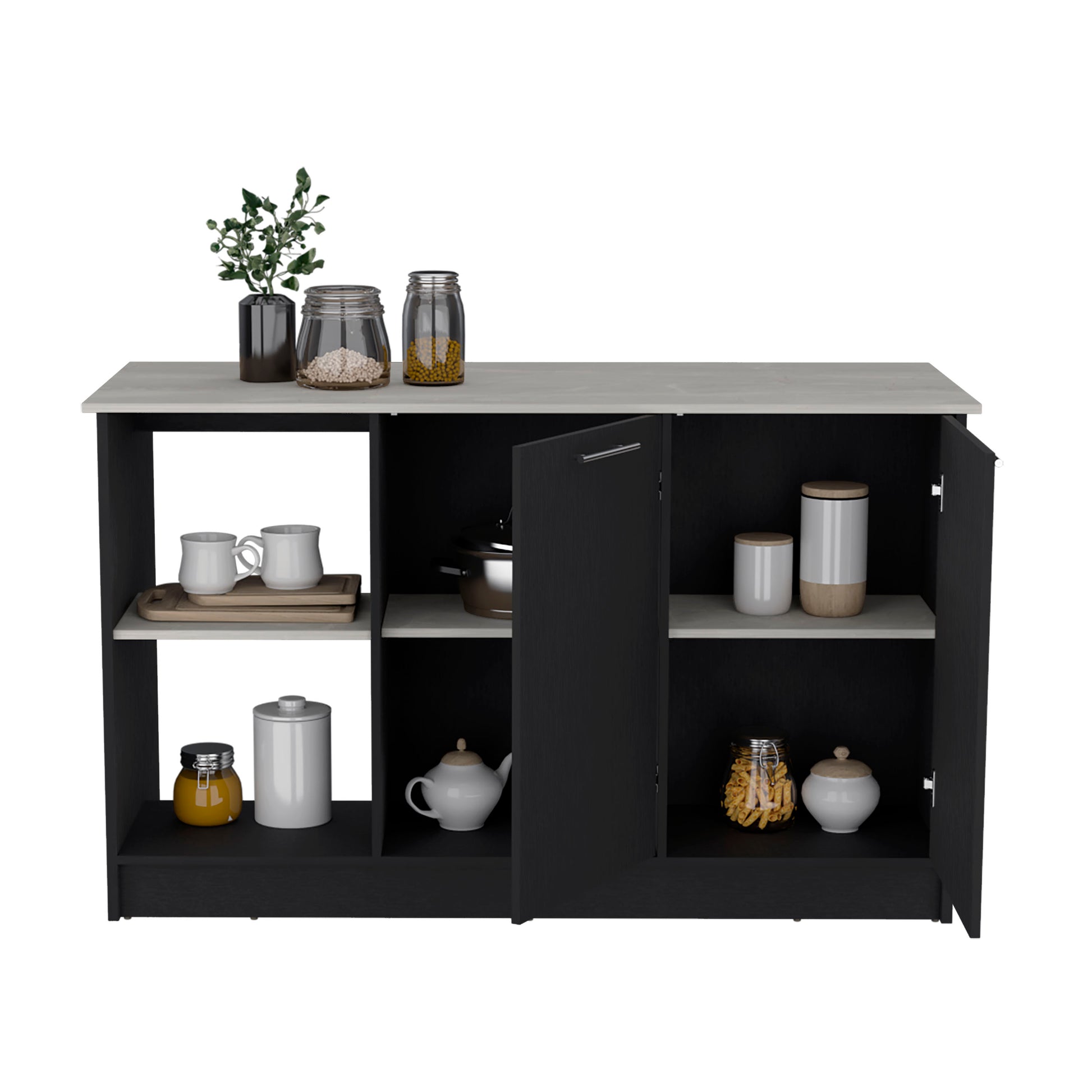 Juniper Kitchen Island With Large Top Surface, Double Door Cabinet, And Open Shelves Black Ibiza Marble Black Ivory Dining Room Modern Rectangular Stationary Kitchen Islands Particle Board Medium 40