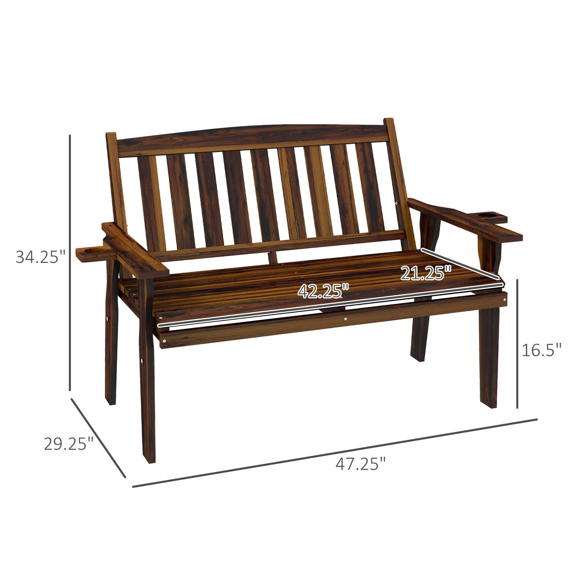 Outsunny Wood Outdoor Bench, 2 Person Garden Bench With Cupholder Armrests, Slatted Seat And Backrest, Park Bench For Patio, Porch, Lawn, Deck, Carbonized Black Brown Wood