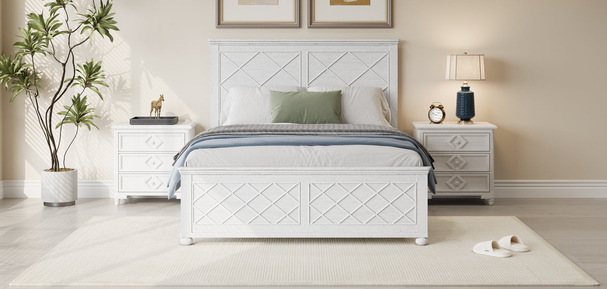 Coastal Farmhouse Solid Wood Queen Size Bed Frame,Antique White Box Spring Not Required Queen Antique White Wood Bedroom Farmhouse,Traditional,Vintage Bed Frame Wood