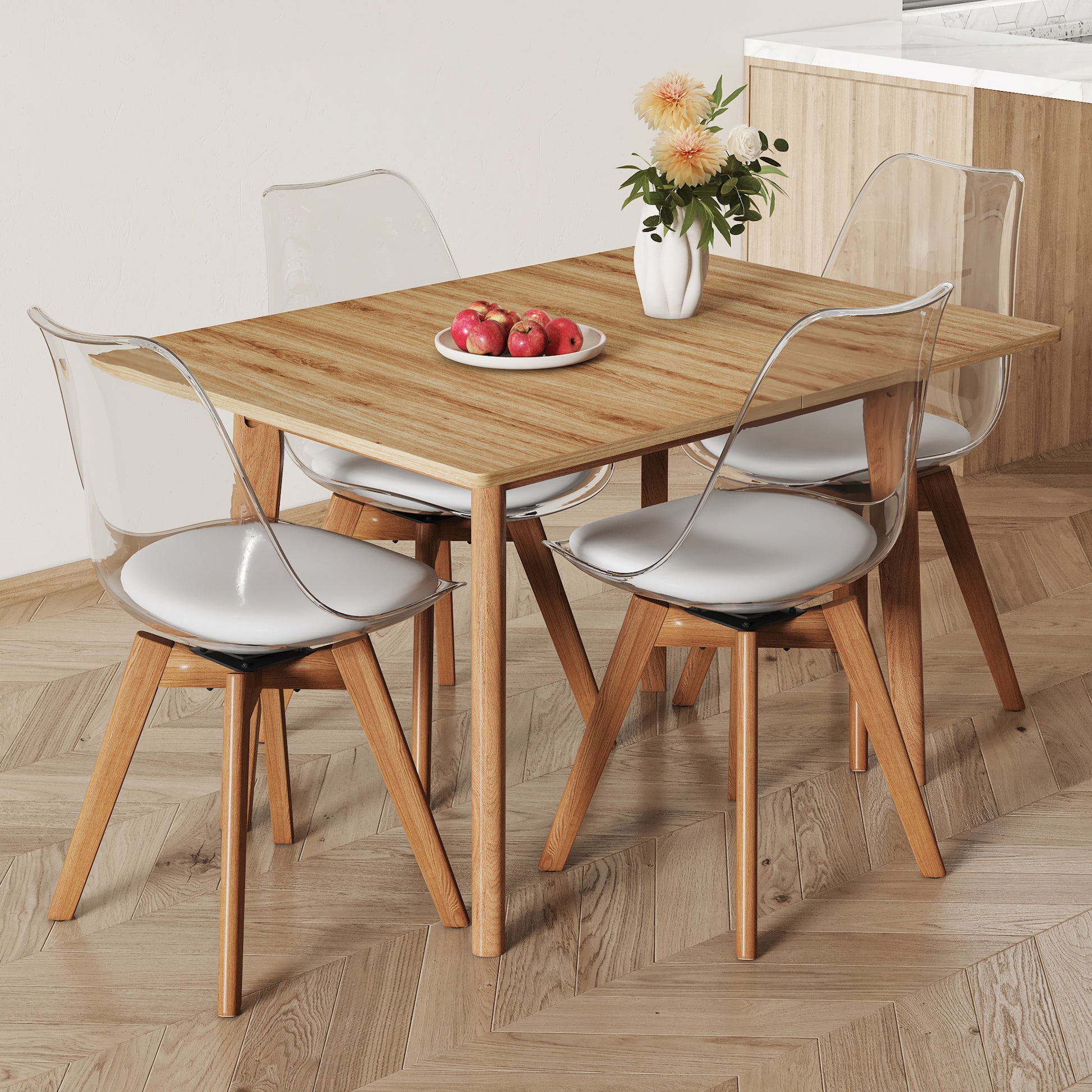 Wood Colored Mfc Desktop With Rubber Wooden Legs, Foldable Computer Desk, Foldable Office Desk, 4 Modern Chairs Can Rotate 360 Degrees,The Seat Cushion Is Made Of Pu Material. Zd 1545 C 1162 Wood Wood