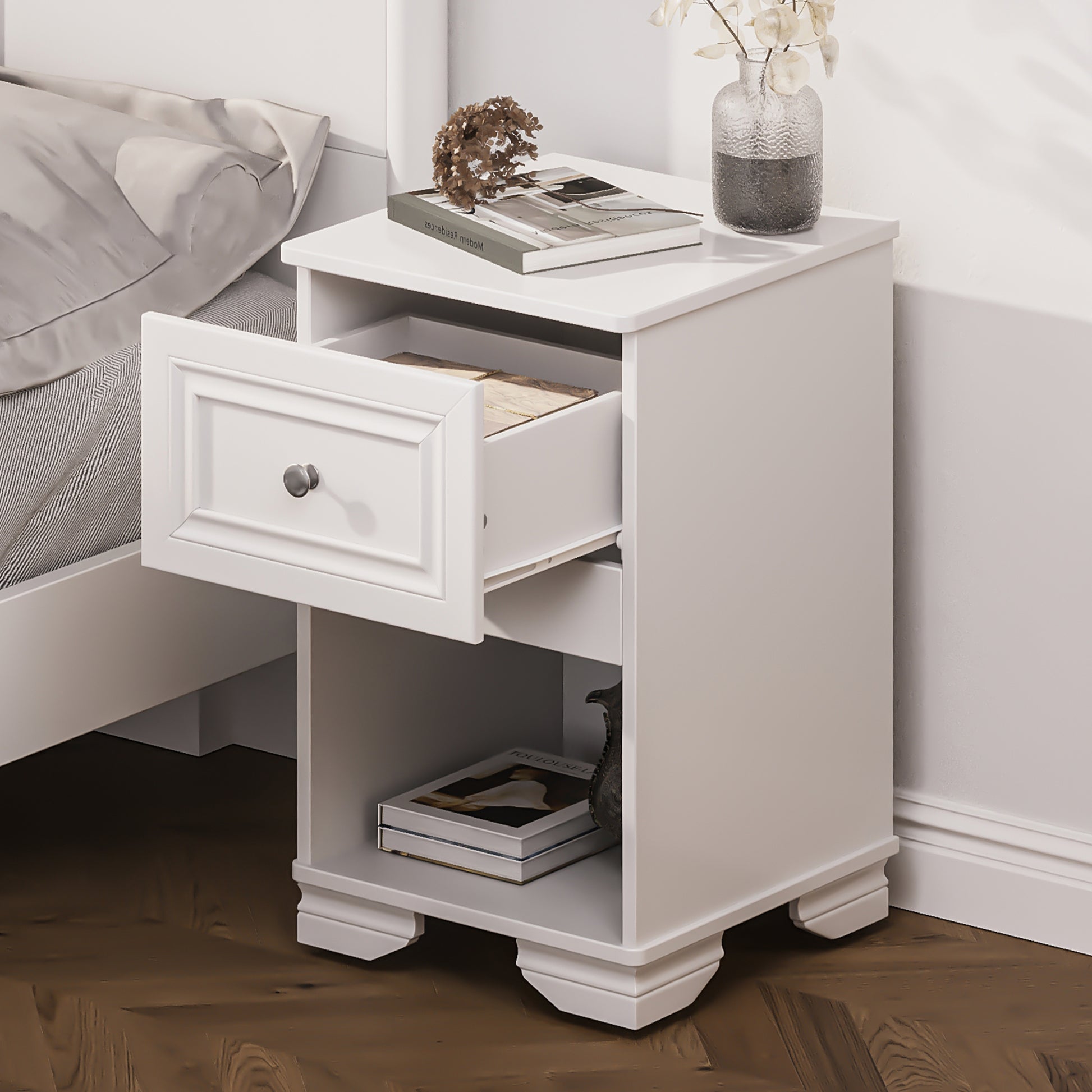 Elegant Design Nightstand With Drawer And Open Shelf For Bedroom, Retro Style Bedside Table With Classic Design And Metal Handle,White White Wood