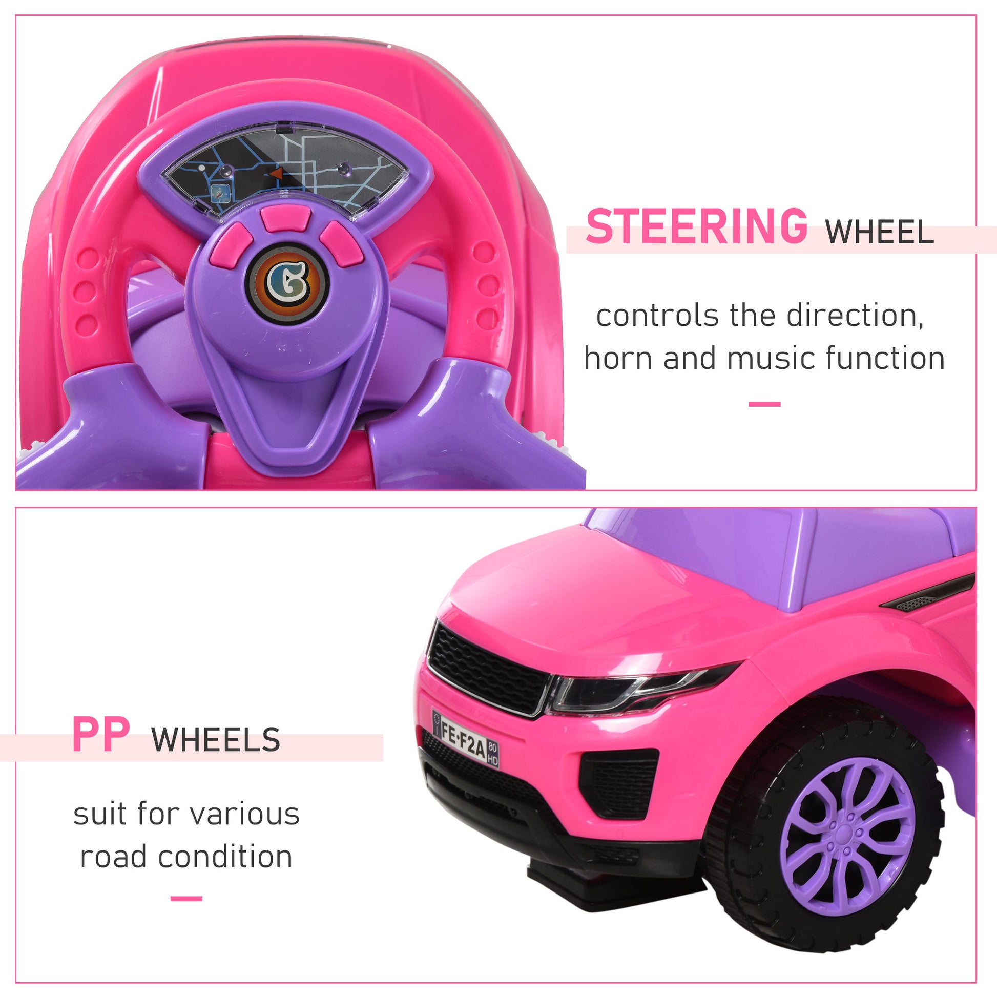 Aosom 3 In 1 Push Cars For Toddlers Kid Ride On Push Car Stroller Sliding Walking Car With Horn Music Light Function Secure Bar Ride On Toy For Boy Girl 1 3 Years Old Pink Pink Metal