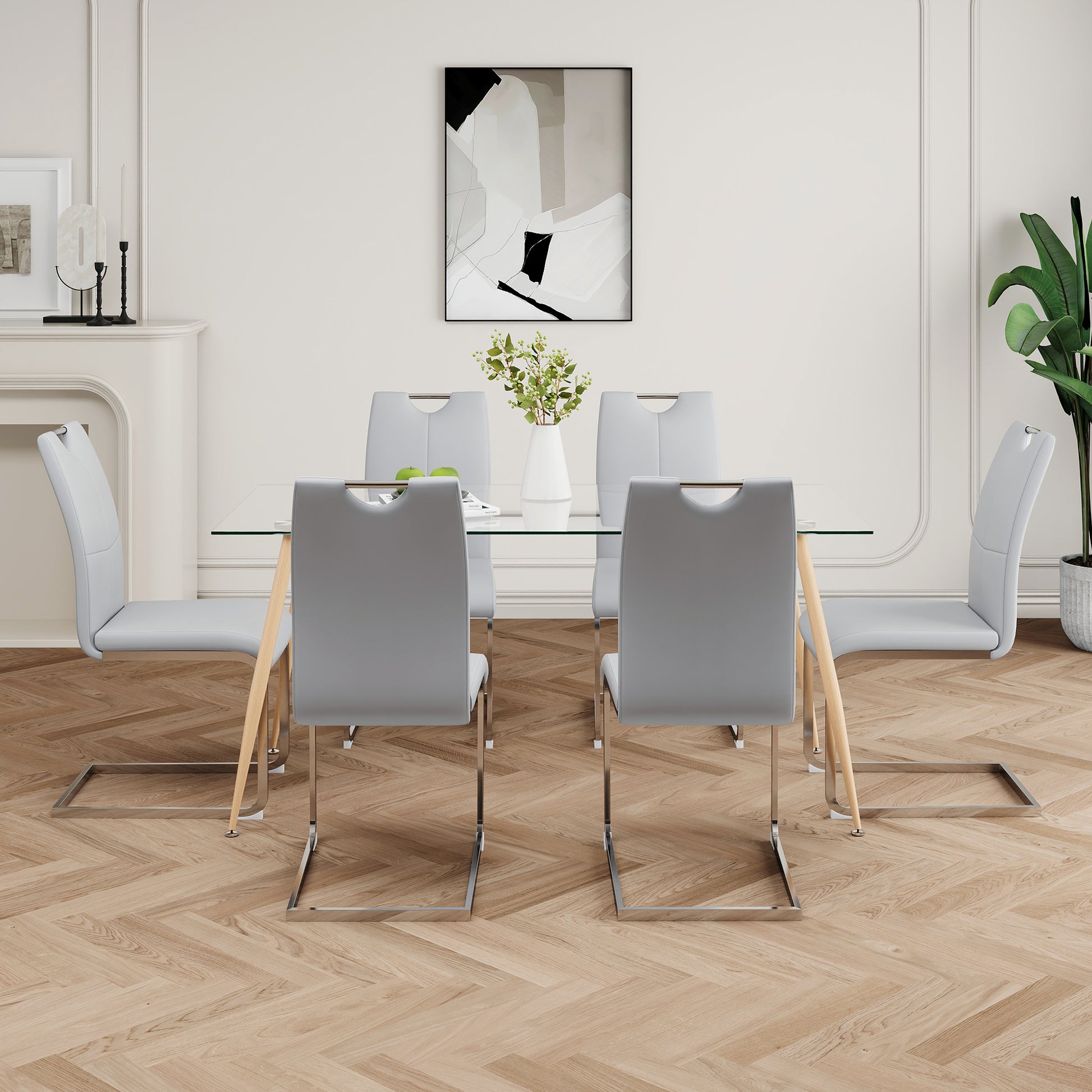 Modern Simple Rectangular Glass Dining Table, Solid Tempered Glass Countertop, Wood Transfer Metal Table Legs, Gray Pu Dining Chair Set, Suitable For Restaurant Kitchen Use Set Of 7 Upholstered Chair Glass Gray Pu Seats 6 Metal Rectangular Dining Table