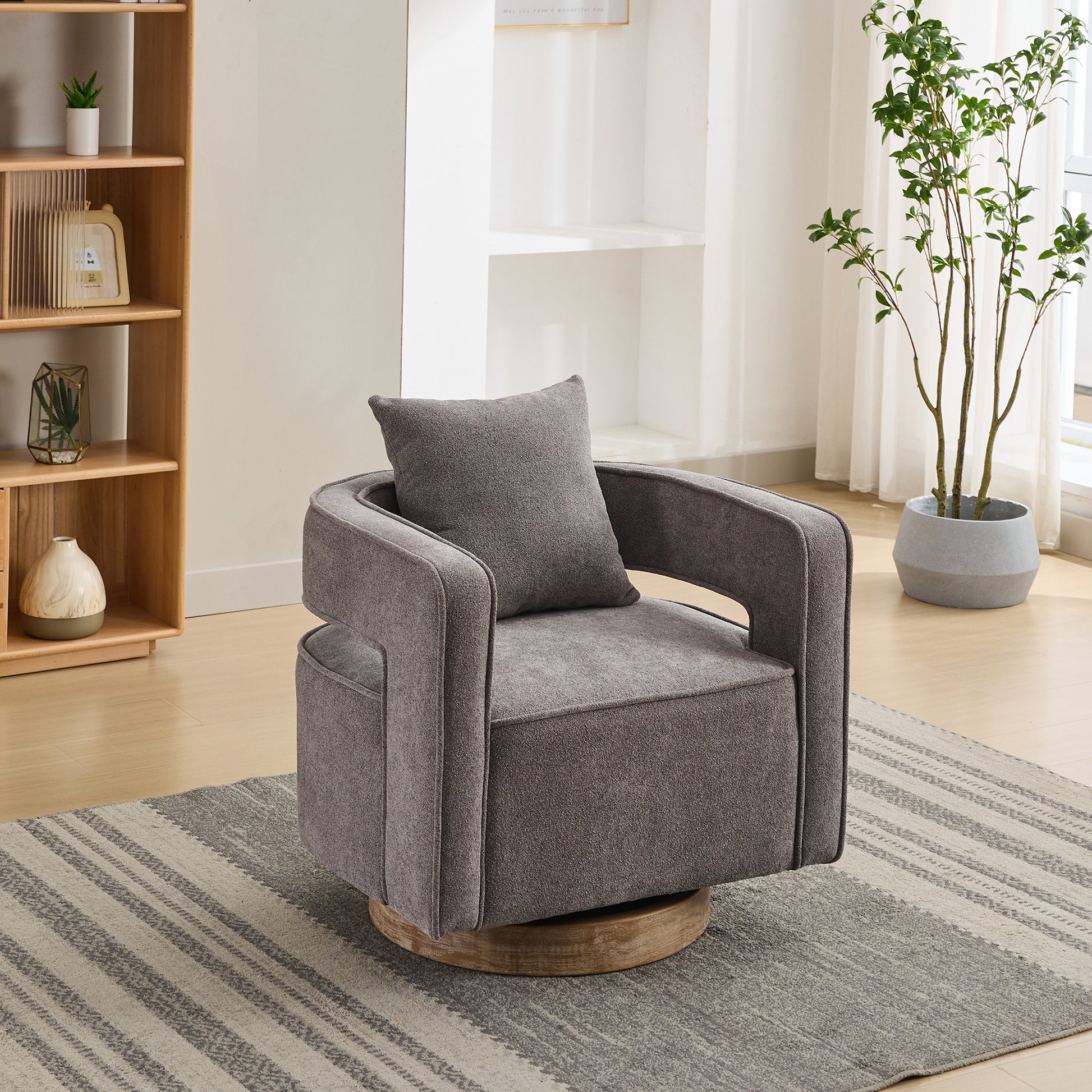 29.1"W Swivel Accent Open Back Chair Modern Comfy Sofa Chair With Weathered Base For Nursery Bedroom Living Room Hotel Office, Club Chair Leisure Arm Chair For Lounge Charcoal,Linen Blend Charcoal Linen Blend
