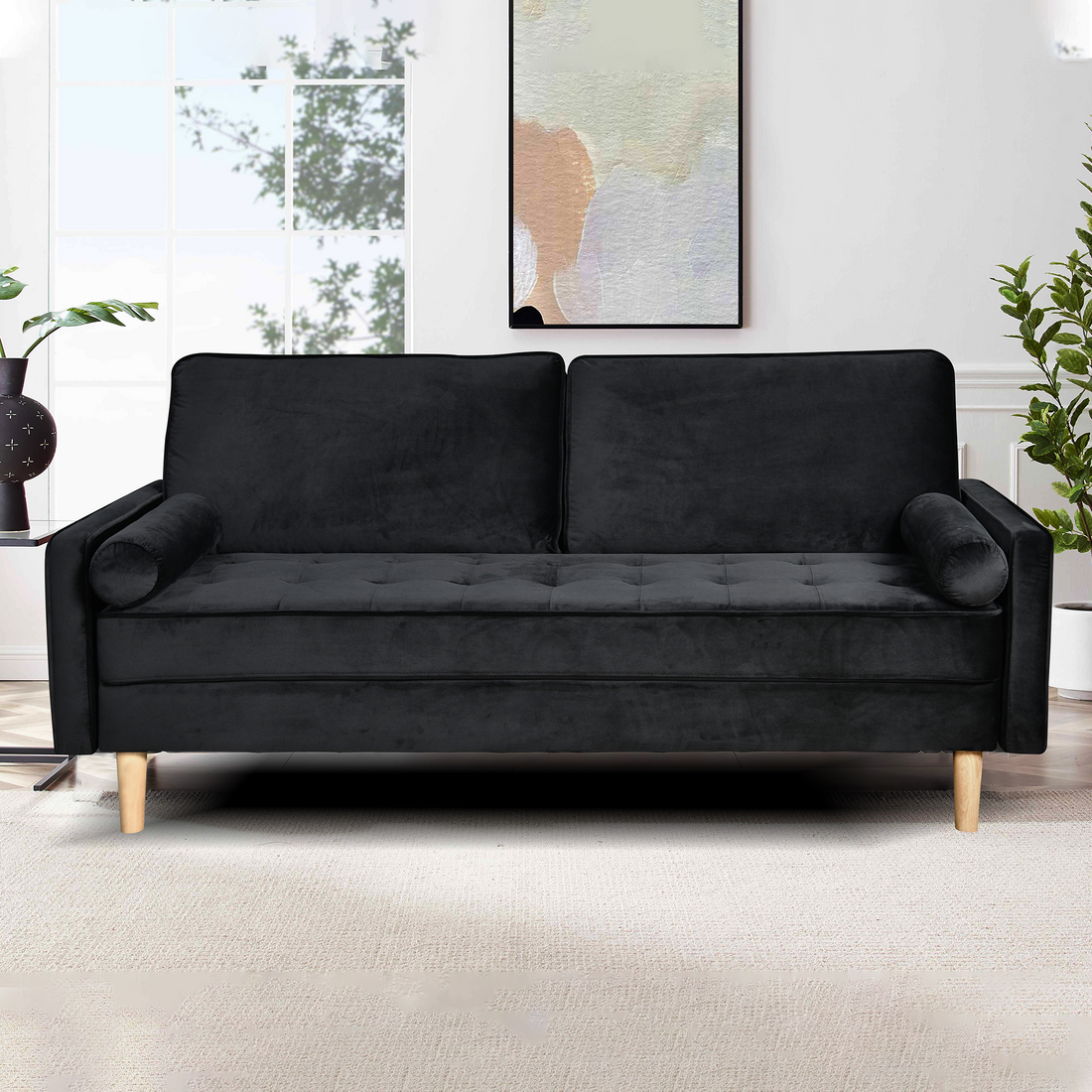 Sofa Simple Small House Double Three Person Straight Row American Retro Green Velvet Furniture Fabric Sofa Small Living Room Bedroom Office Black Solid Wood 3 Seat