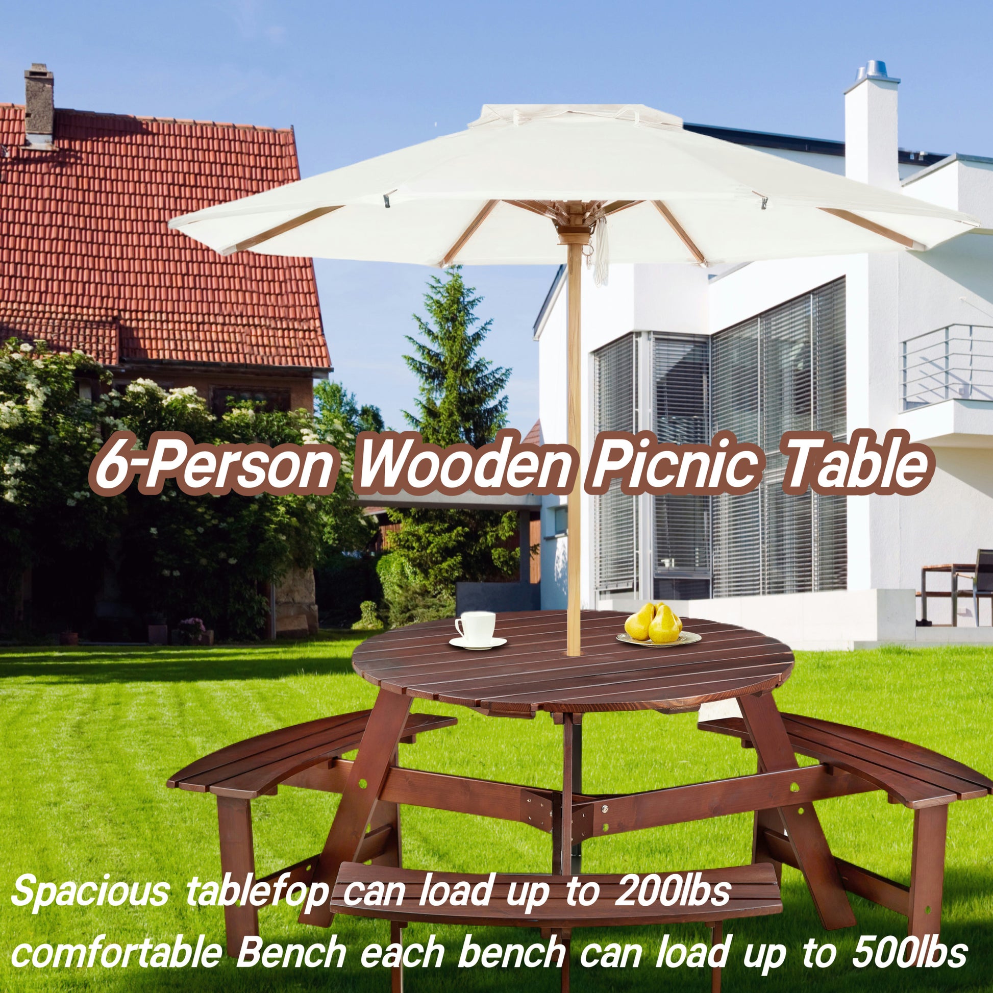 Outdoor 6 Person Picnic Table, 6 Person Round Picnic Table With 3 Built In Benches, Umbrella Hole, Outside Table And Bench Set For Garden, Backyard, Porch, Patio, Brown Brown Wood Metal