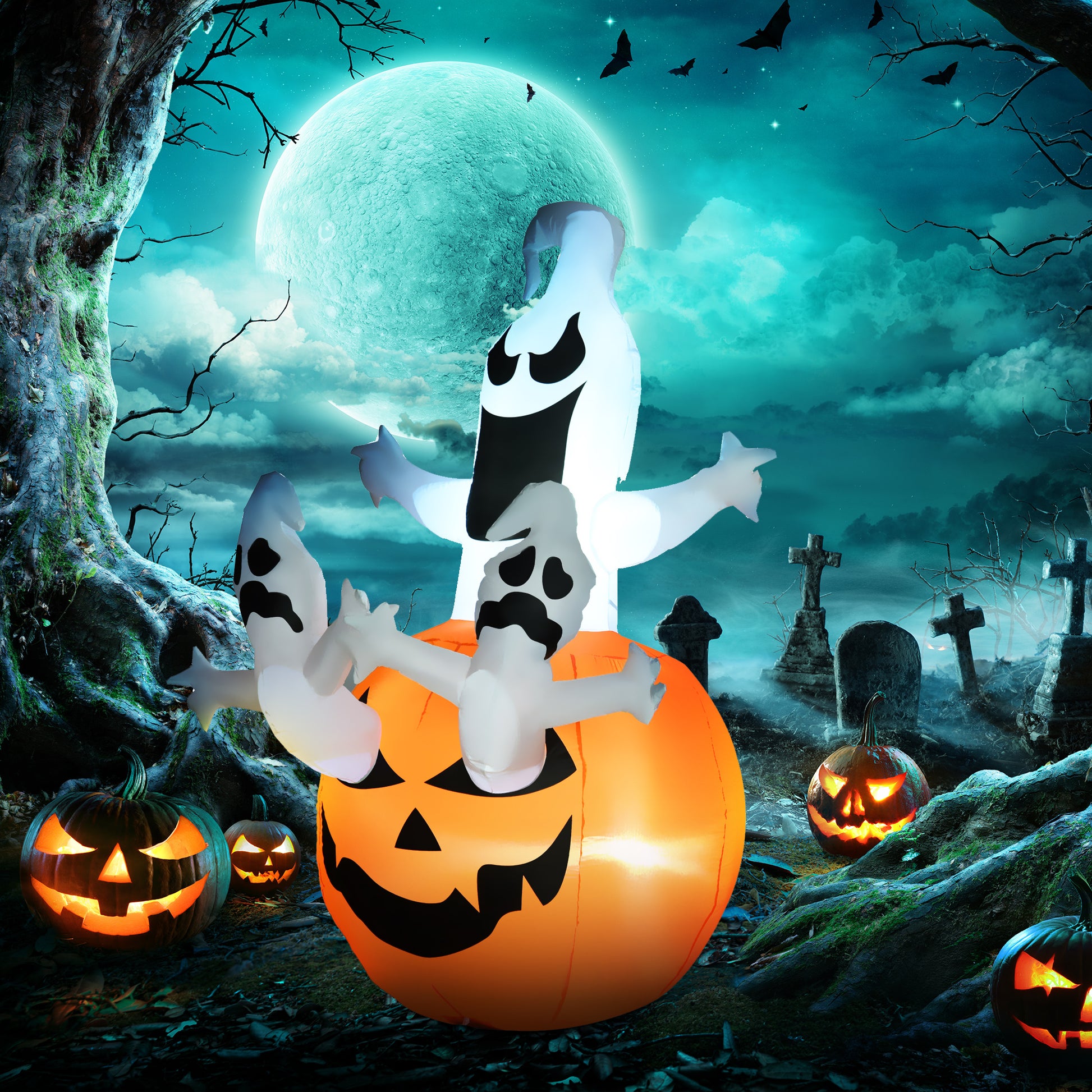 Homcom 6' Halloween Inflatables Outdoor Decorations Jack O Lantern Pumpkin And Ghostsblow Up Led Yard Decor For Garden, Lawn, Party, Holiday, Waterproof White Polyester