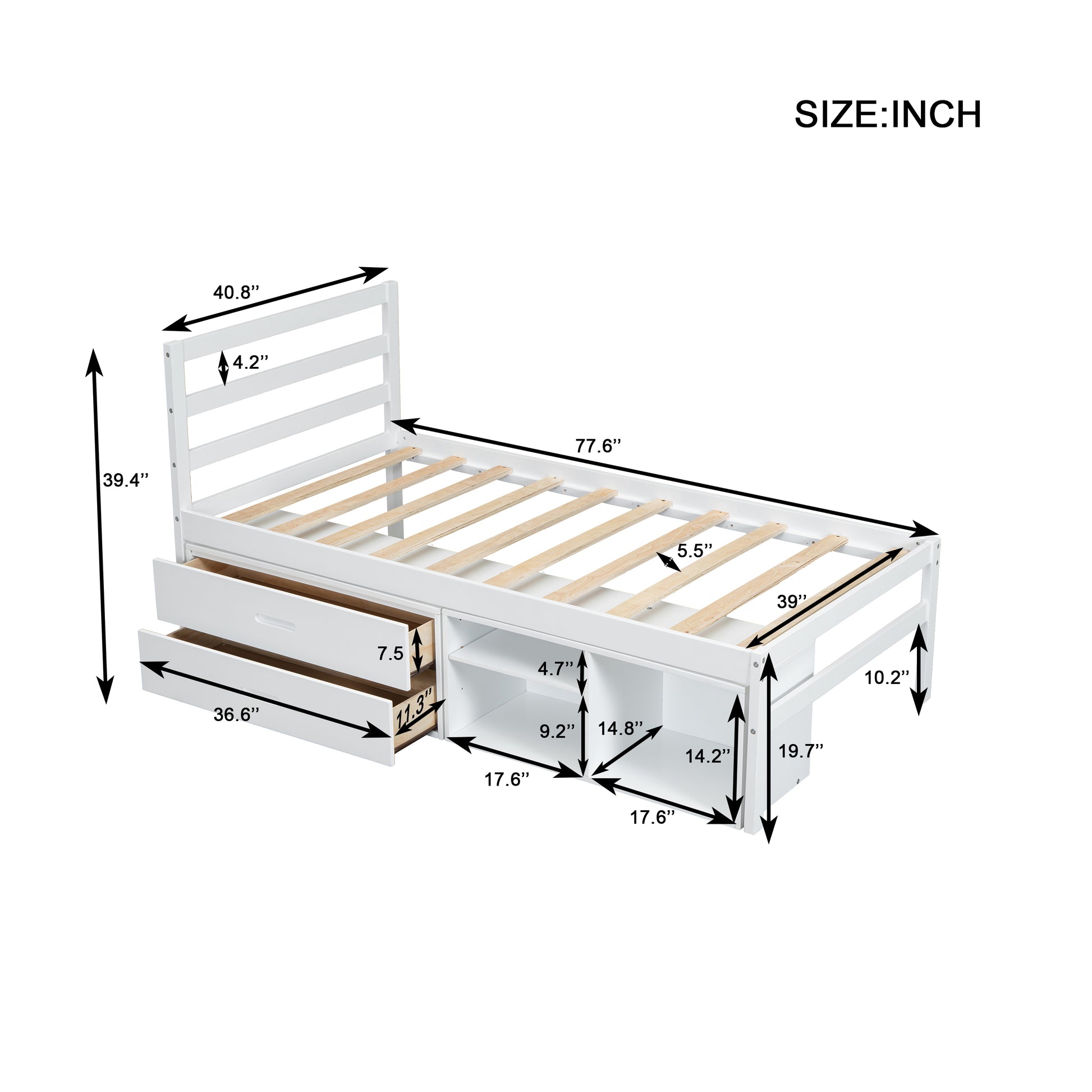 Twin Size Wood Platform Bed With Removable Storage Shelves, Built In Two Storage Drawers For Added Convenience, White Twin White Wood