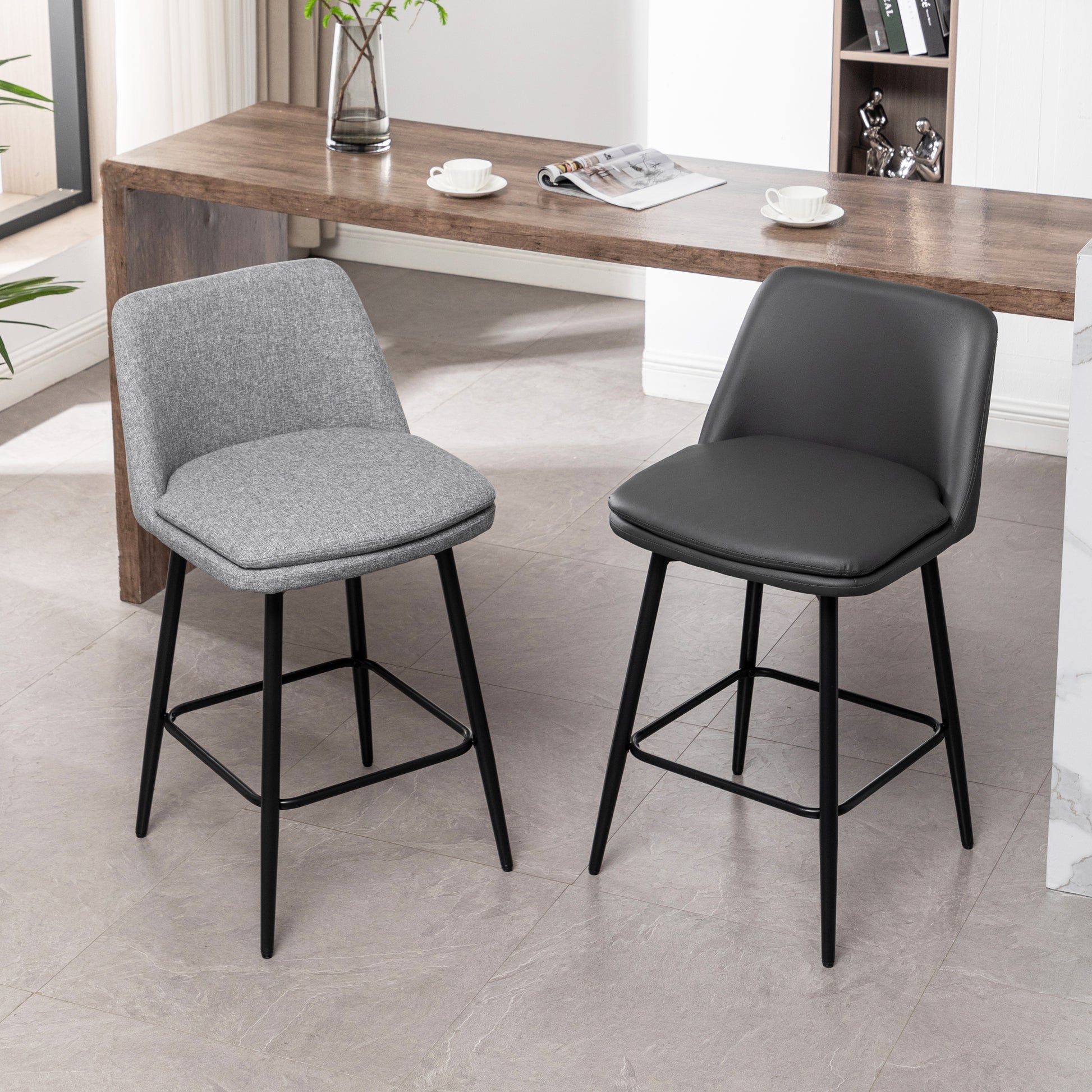 Counter Height Swivel Bar Stools Set Of 2, 360 Swivel Upholstered Barstools With Back And Metal Legs, 25.6" Seat Height,Counter Stools For Kitchen Island And Pub,Faux Leather,Grey Dark Grey Set Of 2