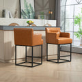 Coolmore Counter Height Bar Stools Set Of 2, Modern Barrel Bar Stool With Backrest And Arms, Black Metal Frames, Upholstered Bar Stools For Kitchen Island, Pub, Club Light Brown Foam Pu Leather