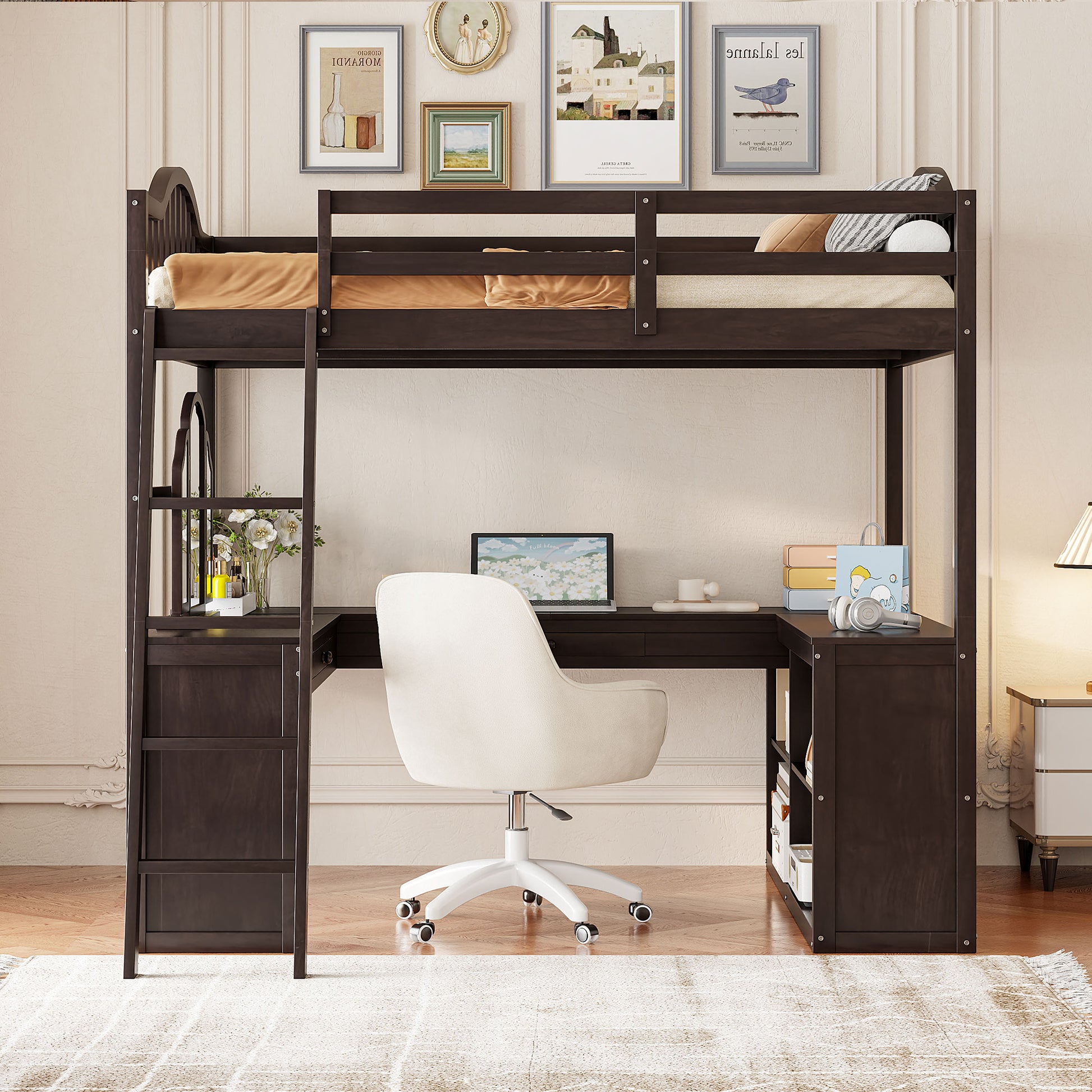 Full Wooden Loft Bed With U Shaped Desk,Storage Compartments And Tri Fold Mirror, Espresso Espresso Plywood,Solid Wood Mdf