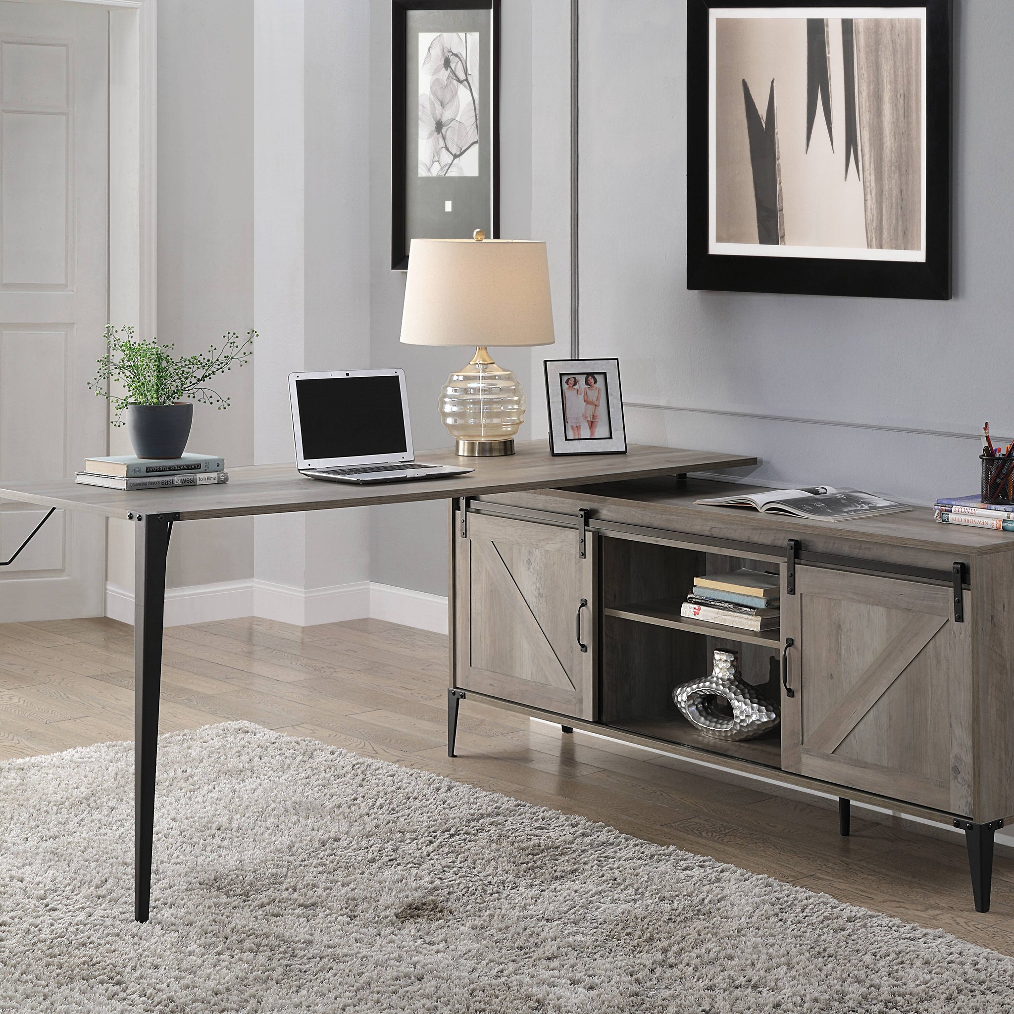 Zakawani Gray Oak & Black Finish Writing Desk With A Cabinet Gray Wood