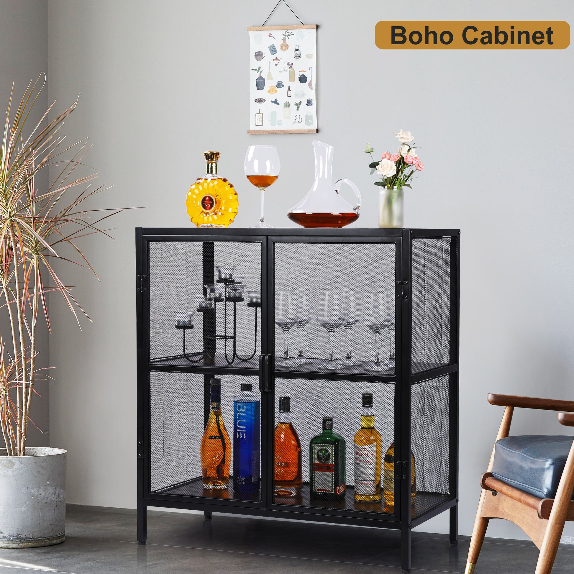 Sideboard Buffet Kitchen Storage Cabinet With Mesh Doors And Shelves, Wine Liquor Cabinet, Cupboard Console Table, 31.5W X 15.75D X 34.3H, Black Antique Antique Black Metal & Wood