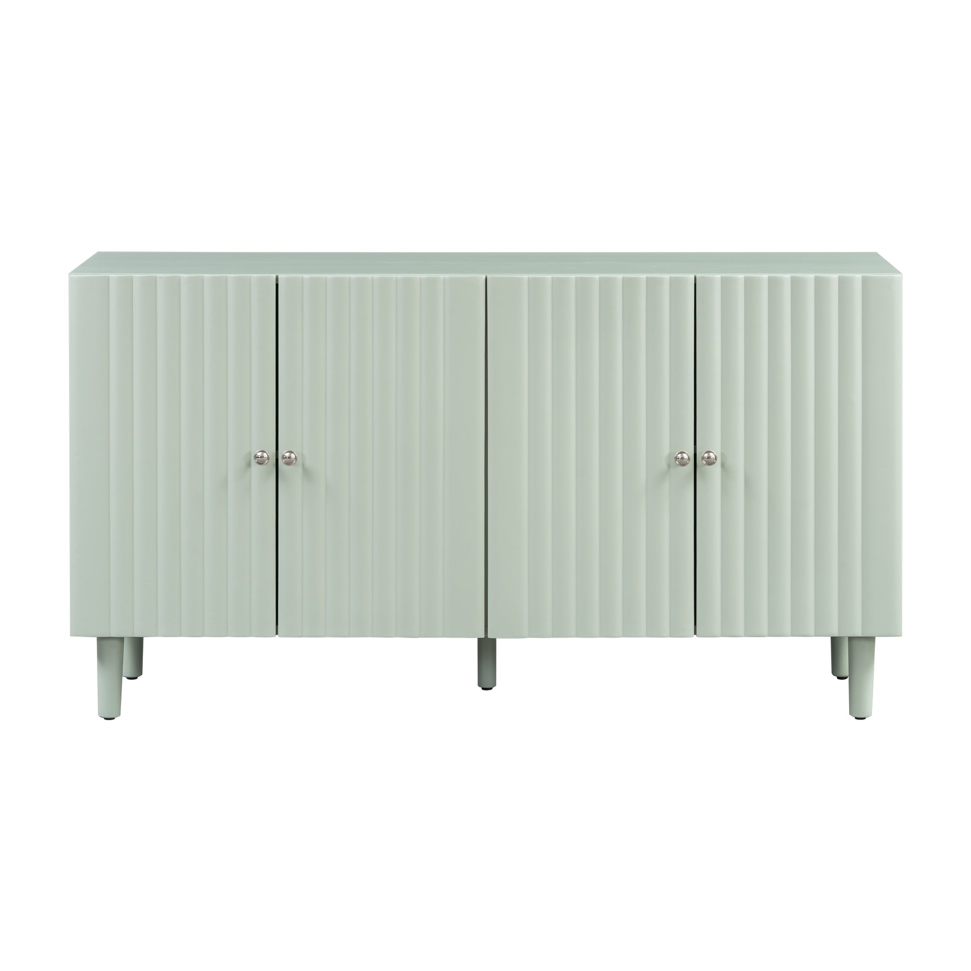 Elegant Four Door Sideboard With Wavy Pattern Doors, Cylindrical Legs, And Sleek Metal Handles, Adjustable, Suitable For Study, Entryway And Living Room Light Green Primary Living Space American