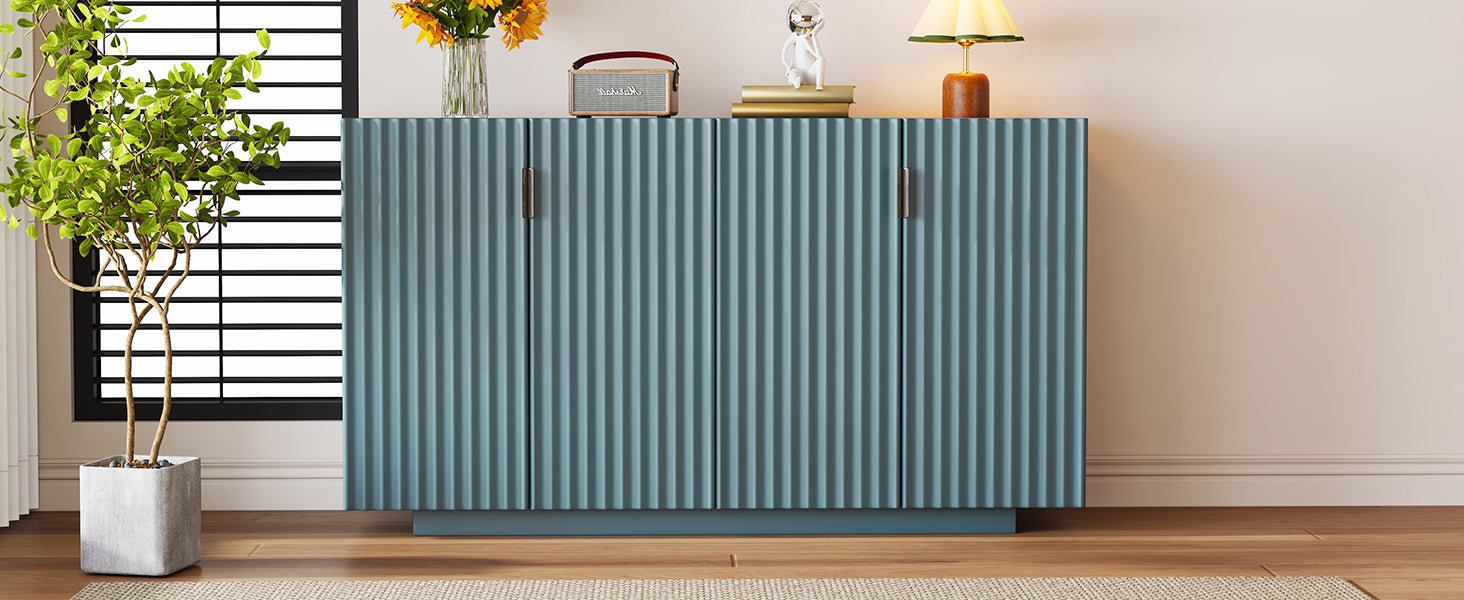 4 Wavy Doors Large Storage Space Sideboard With Adjustable Shelves And Retro Copper Handles For Dining Room And Living Room Antique Blue Antique Blue Mdf