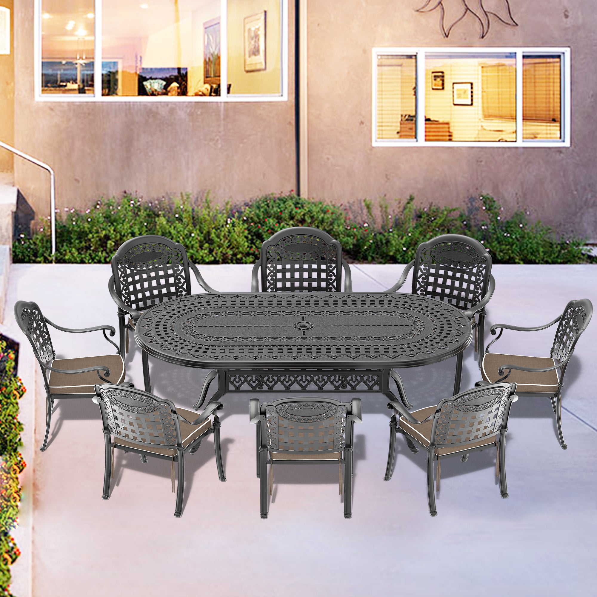 Cushions In Random Colors 9 Piece Set Of Cast Aluminum Patio Furniture With Cushions Yes Complete Patio Set Black Seats 8 Rust Resistant Frame Water Resistant Cushion Garden & Outdoor Complete Patio Sets Aluminium