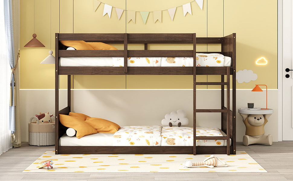 Twin Over Twin Floor Bunk Bed With Panelled Headboard And Footboard, Solid Rubber Wood Foundation With Safety Guardrails, Built In Ladder,Antique Oak Twin Antique Dark Oak Rubber Wood