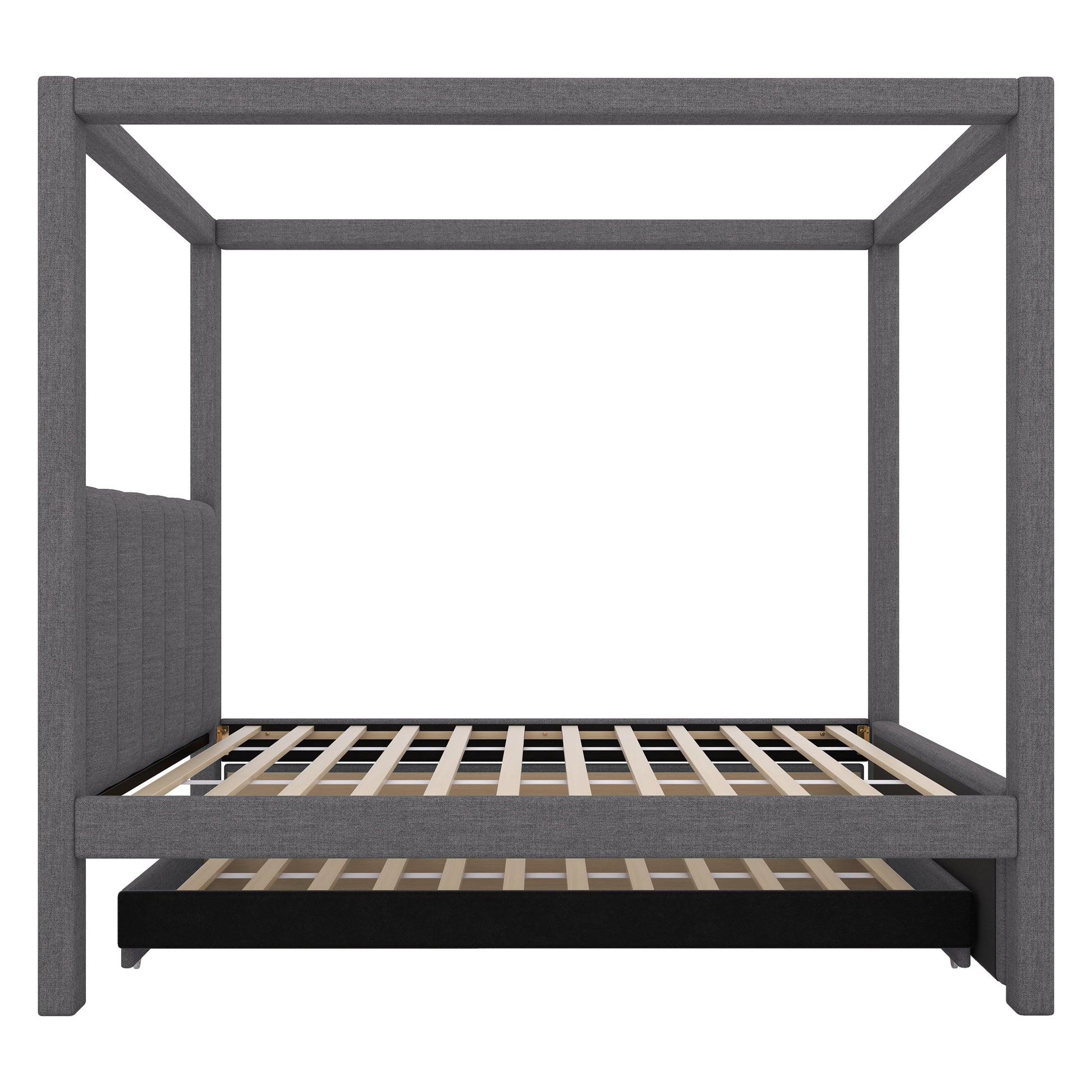 Twin Size Upholstery Canopy Platform Bed With Trundle And Three Storage Drawers, Gray Twin Gray Upholstered