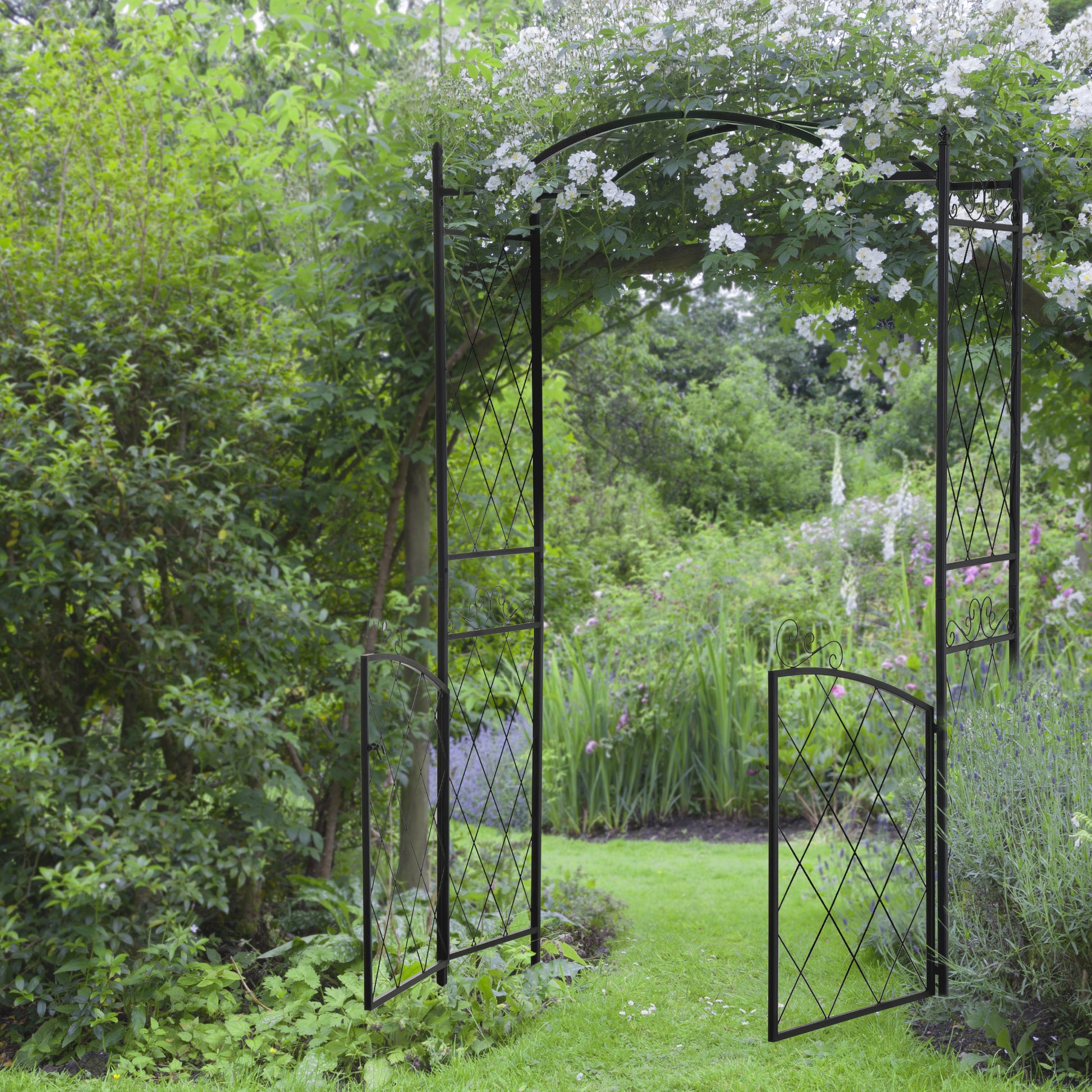 Outsunny 85" Garden Arch Arbor, Metal Arch Trellis With Gate, Garden Archway For Climbing Vines, Wedding Ceremony Decoration, Black Black Metal