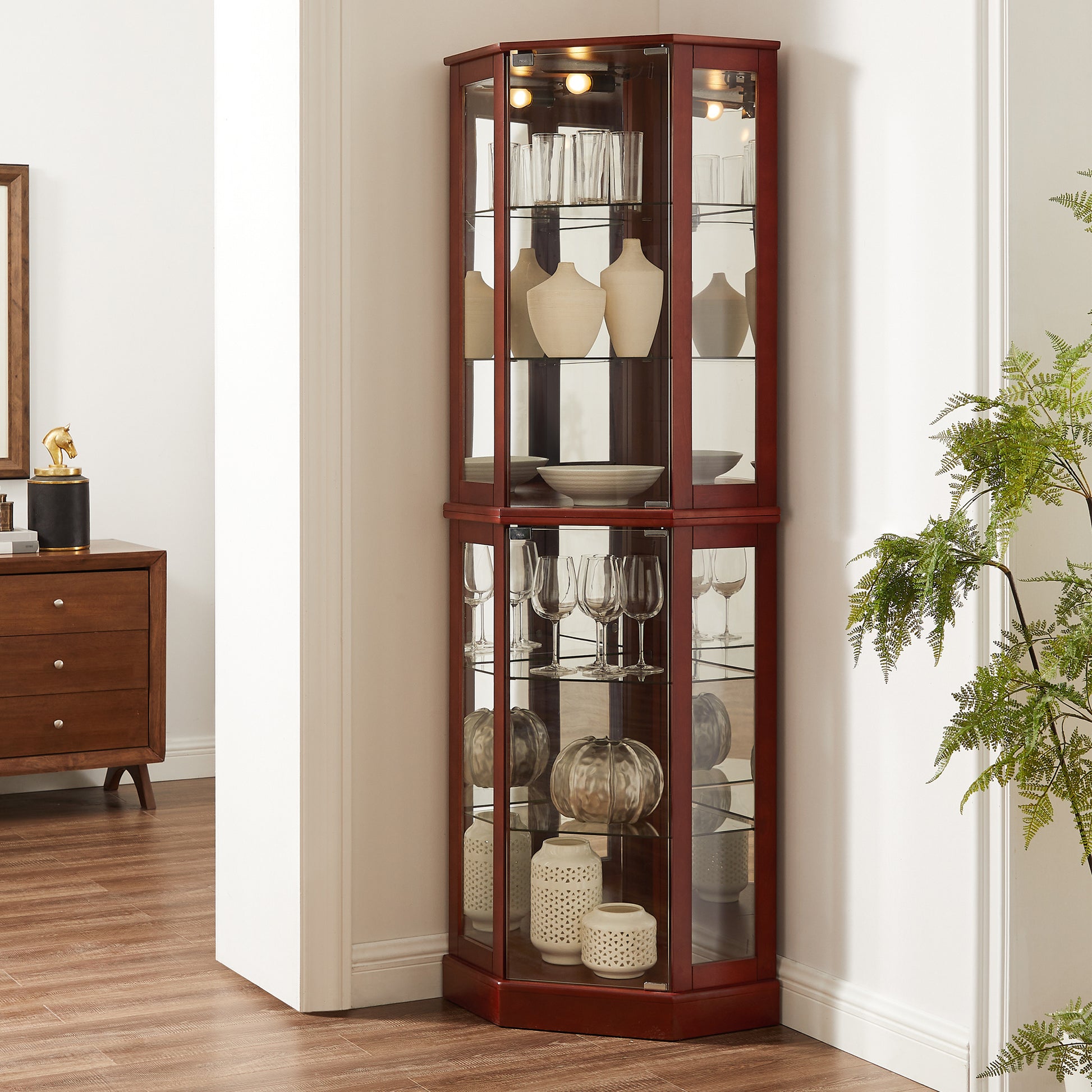 6 Shelf Corner Curio Display Cabinet With Lights, Mirrors And Adjustable Shelves, Cherry E26 Light Bulb Not Included Cherry Mdf