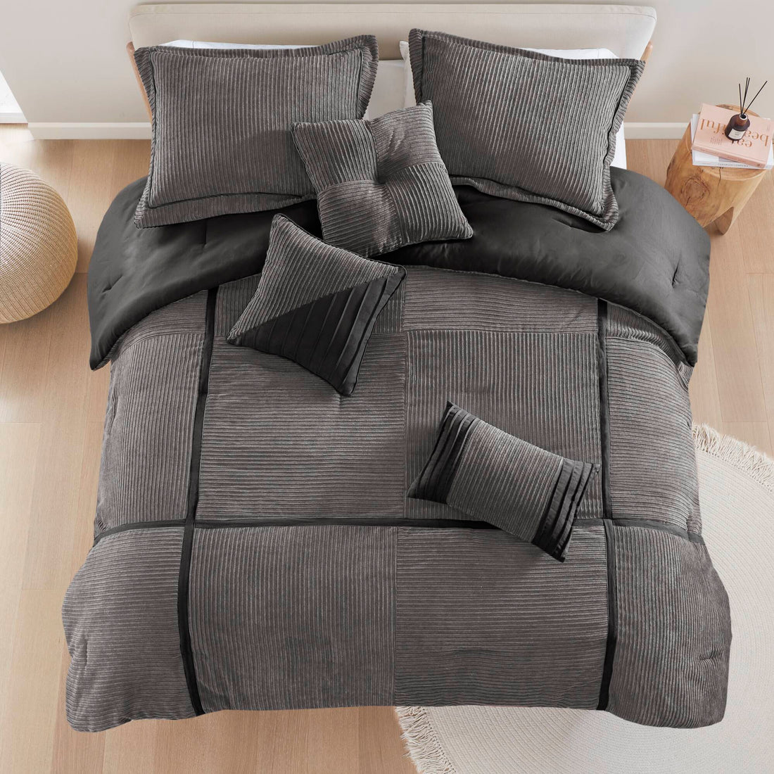 7 Piece Micro Corduroy Comforter Set Grey Cal King Grey Polyester