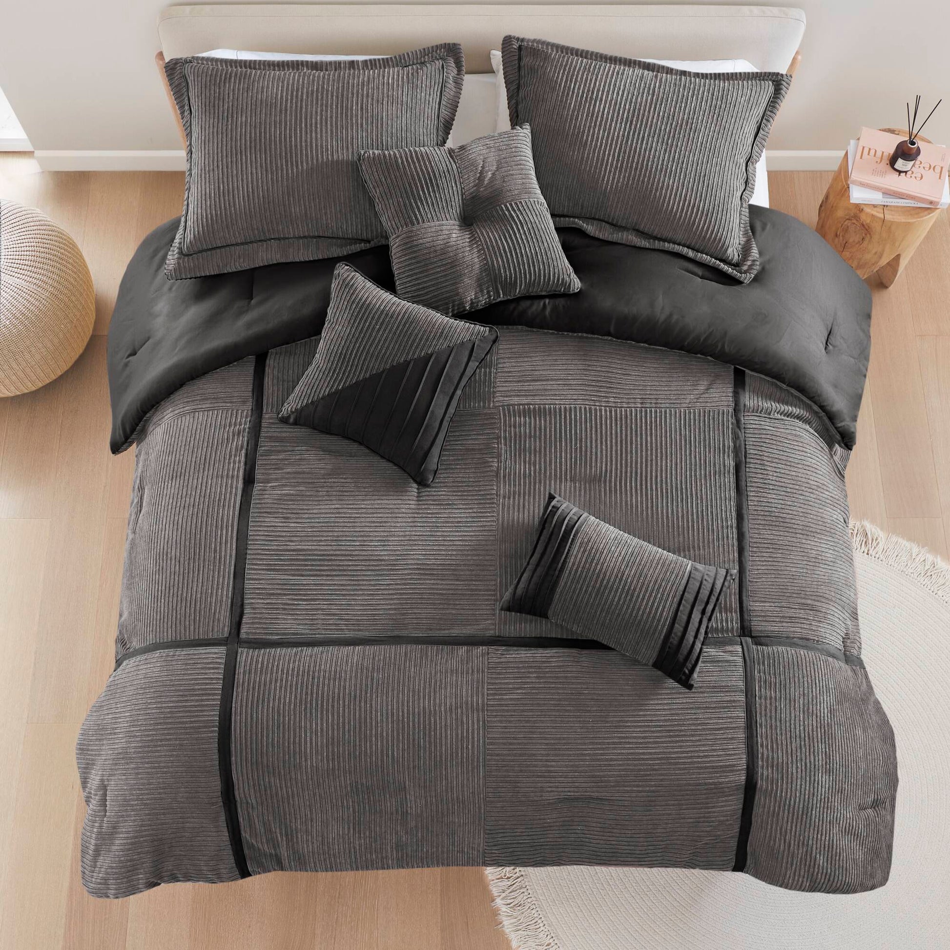 7 Piece Micro Corduroy Comforter Set Grey Cal King Grey Polyester