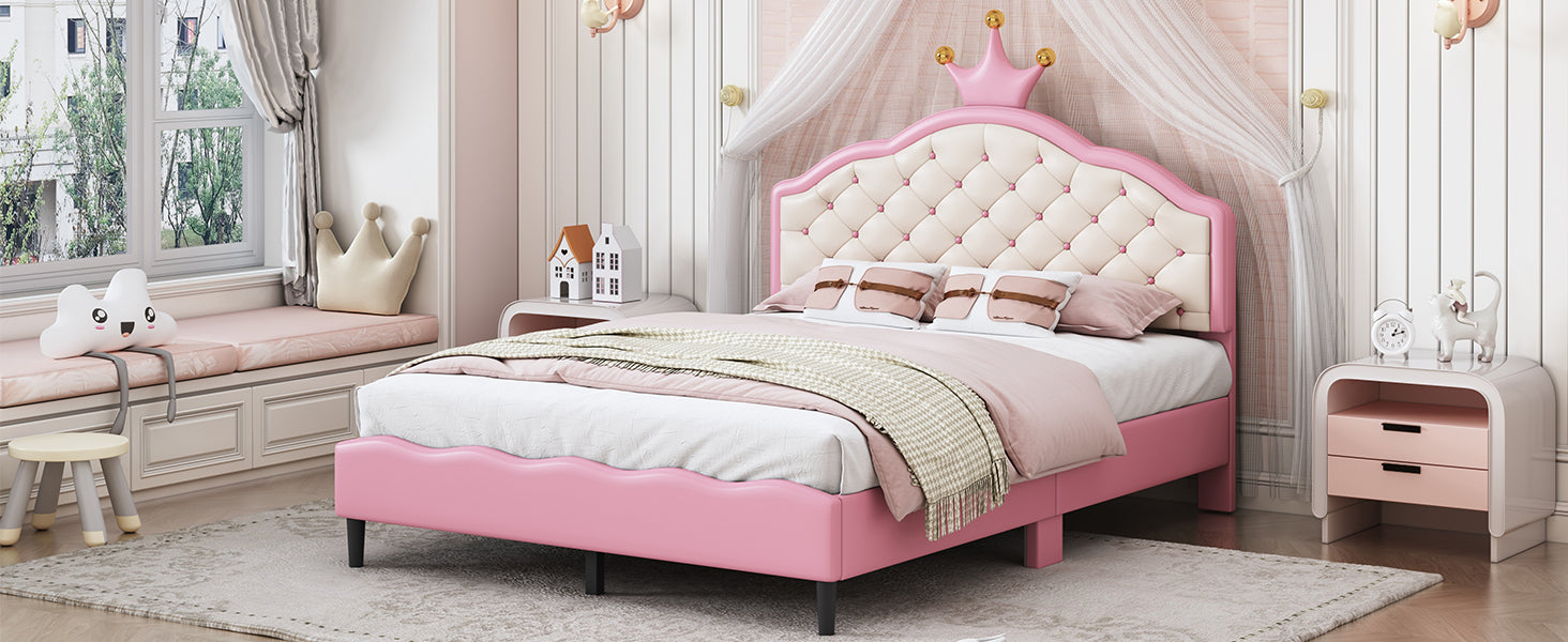 Full Size Lovely Crown Fantasy Pu Leather Princess Bed With Tufted Headboard, Pink Cream Full Pink Mdf Lvl