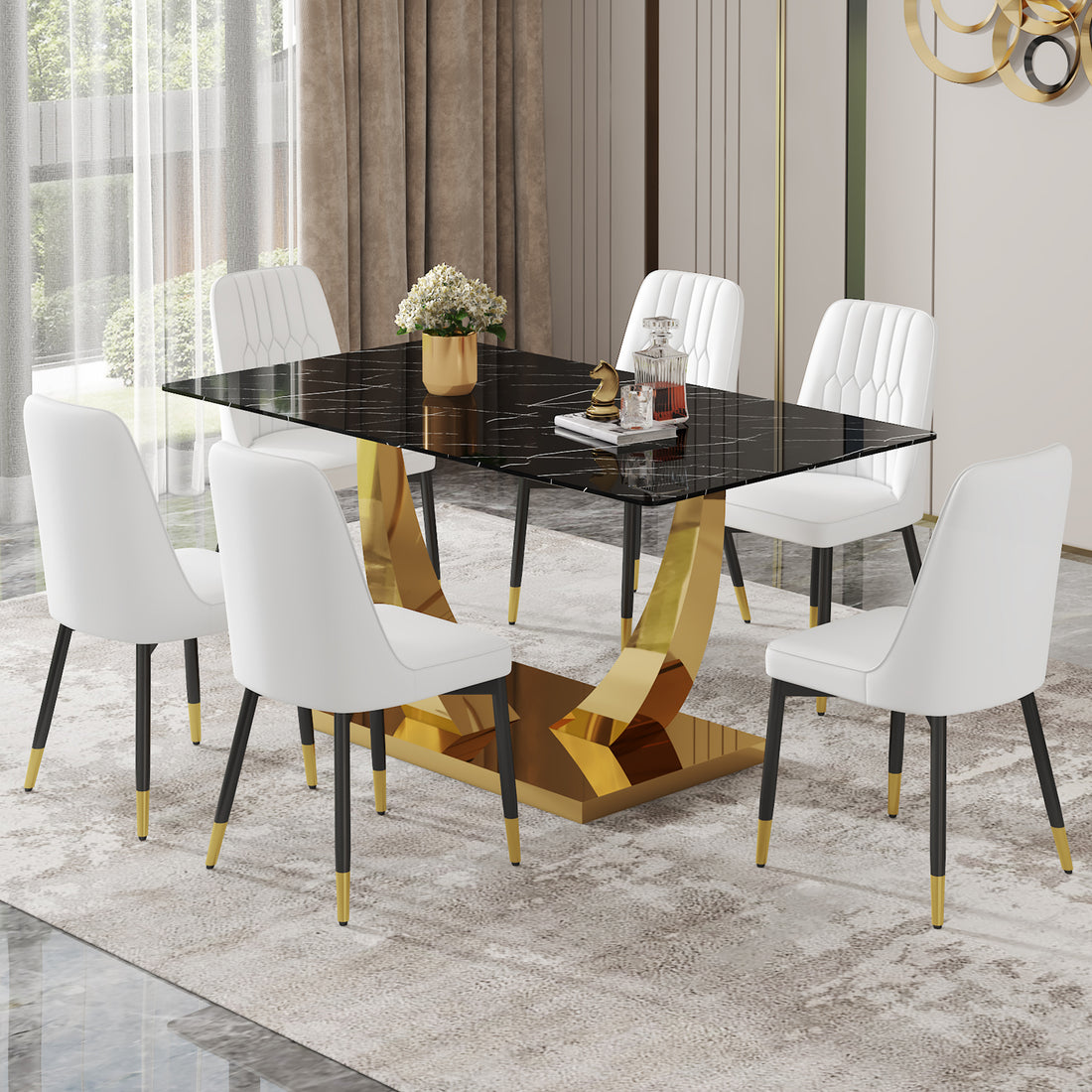 Table And Chair Set.Modern Rectangular Dining Table With Black Textured Stickers Glass Tabletop And Gold Plated Metal Legs.Paried With 6 Comfortable Chairs With Pu Seats And Black Metal Legs. Black Gold,White Seats 6 Glass Metal