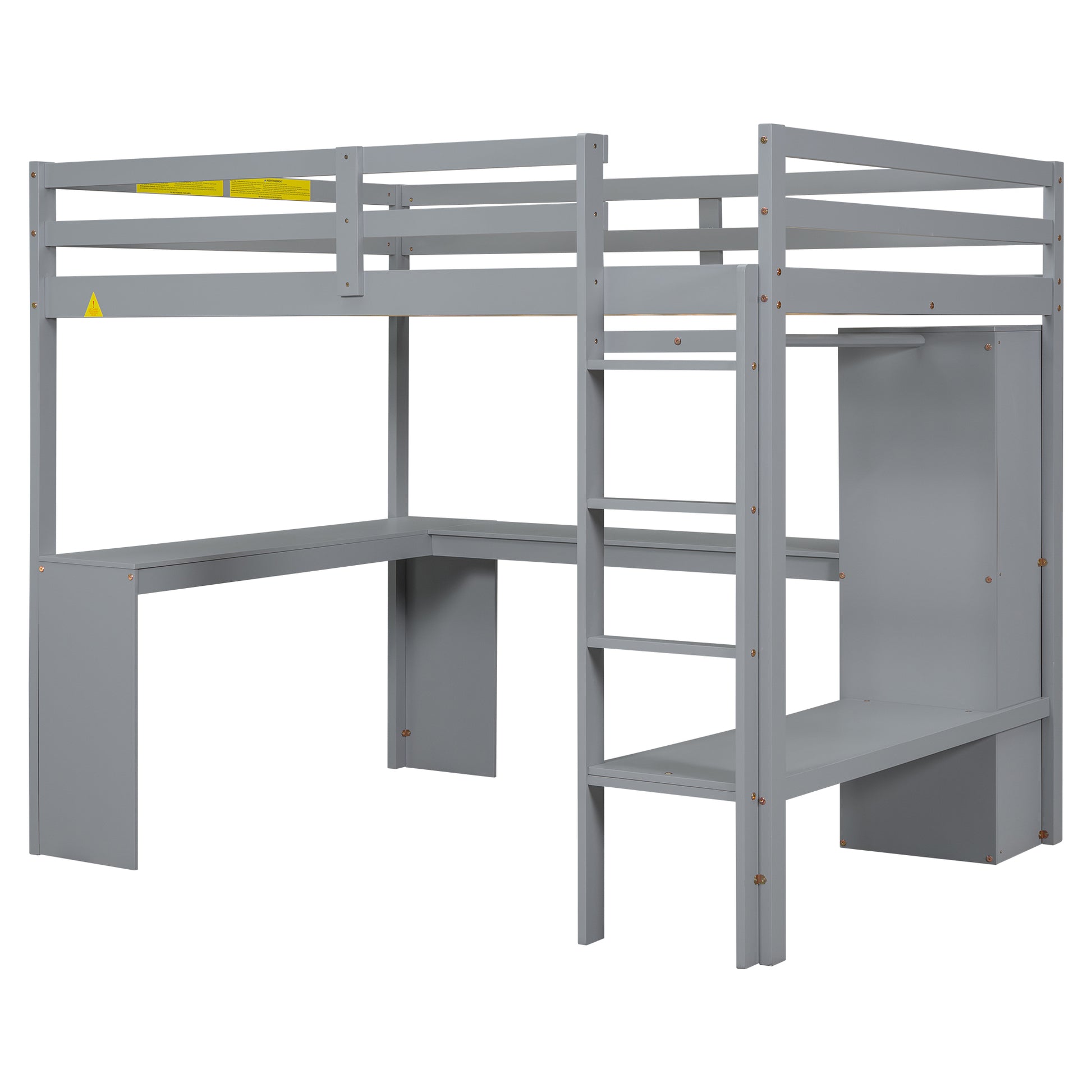 Full Size Loft Bed With L Shaped Desk, Wardrobe And Storage Shelves, Grey Box Spring Not Required Full Grey Wood Bedroom Solid Wood Mdf