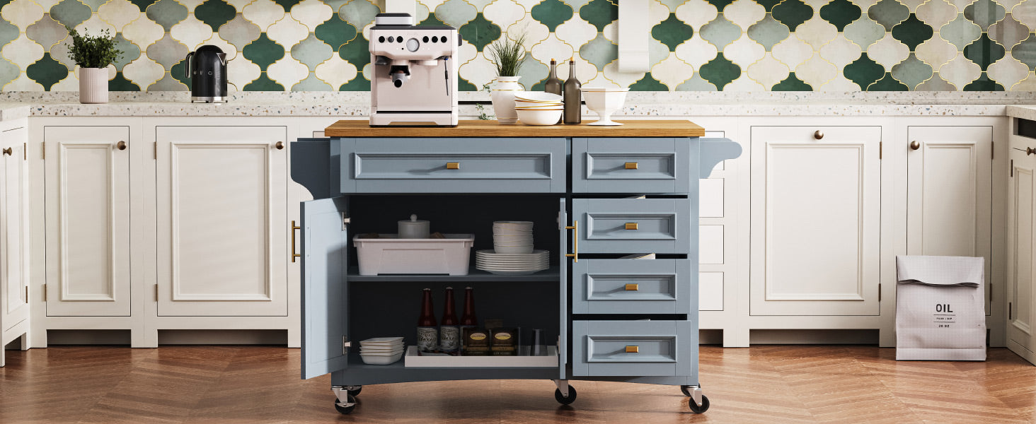 K&K 52'' Kitchen Island With Drop Leaf, Embossed Texture Kitchen Island On Wheels With Spice Rack, Towel Rack, 2 Doors And 5 Drawers, Kitchen Storage Cart With Adjustable Shelf For Kitchen, Blue